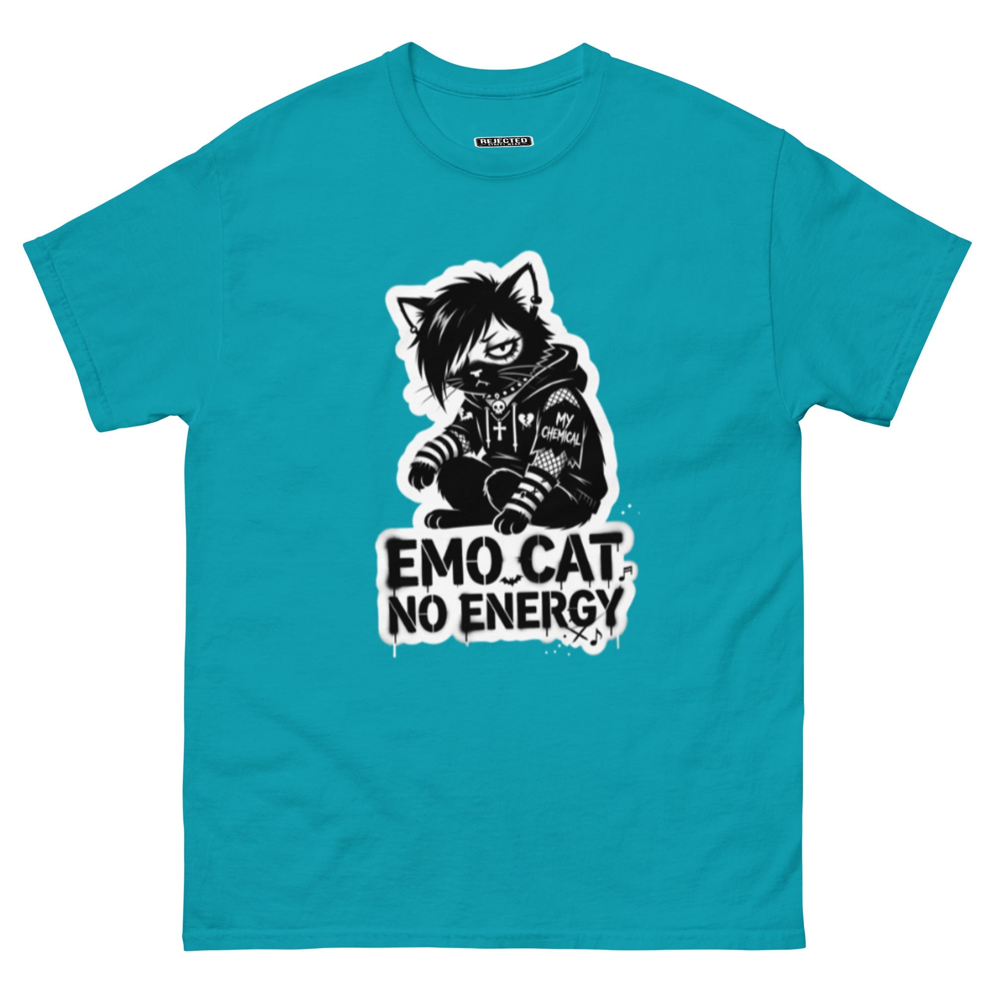 Emo Cat No Energy tee — grey cat with side-swept bangs and a patched hoodie under spray-paint lettering