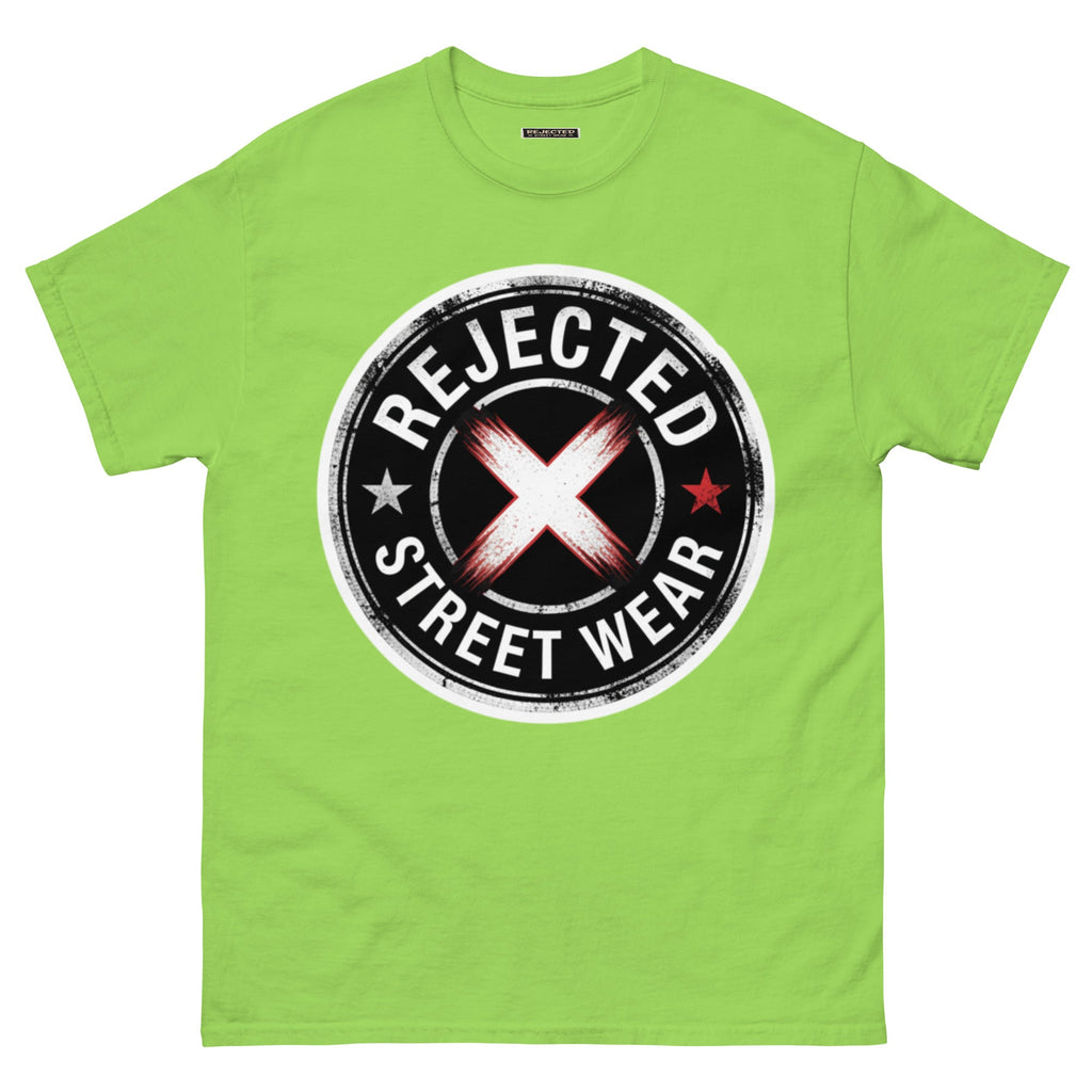 Rejected Street Wear barbed wire seal tee — distressed circular badge with REJECTED arched over a red and white brushed X