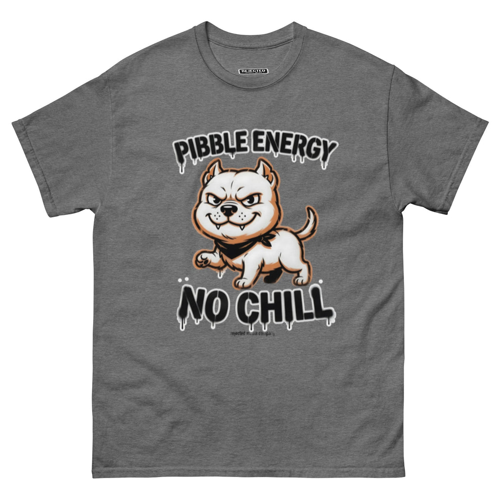 Pibble Energy No Chill tee — grinning bully pup at a dead sprint under graffiti lettering