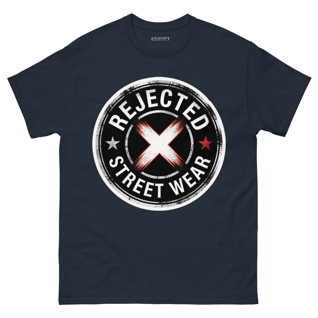 Rejected Street Wear barbed wire seal tee — distressed circular badge with REJECTED arched over a red and white brushed X