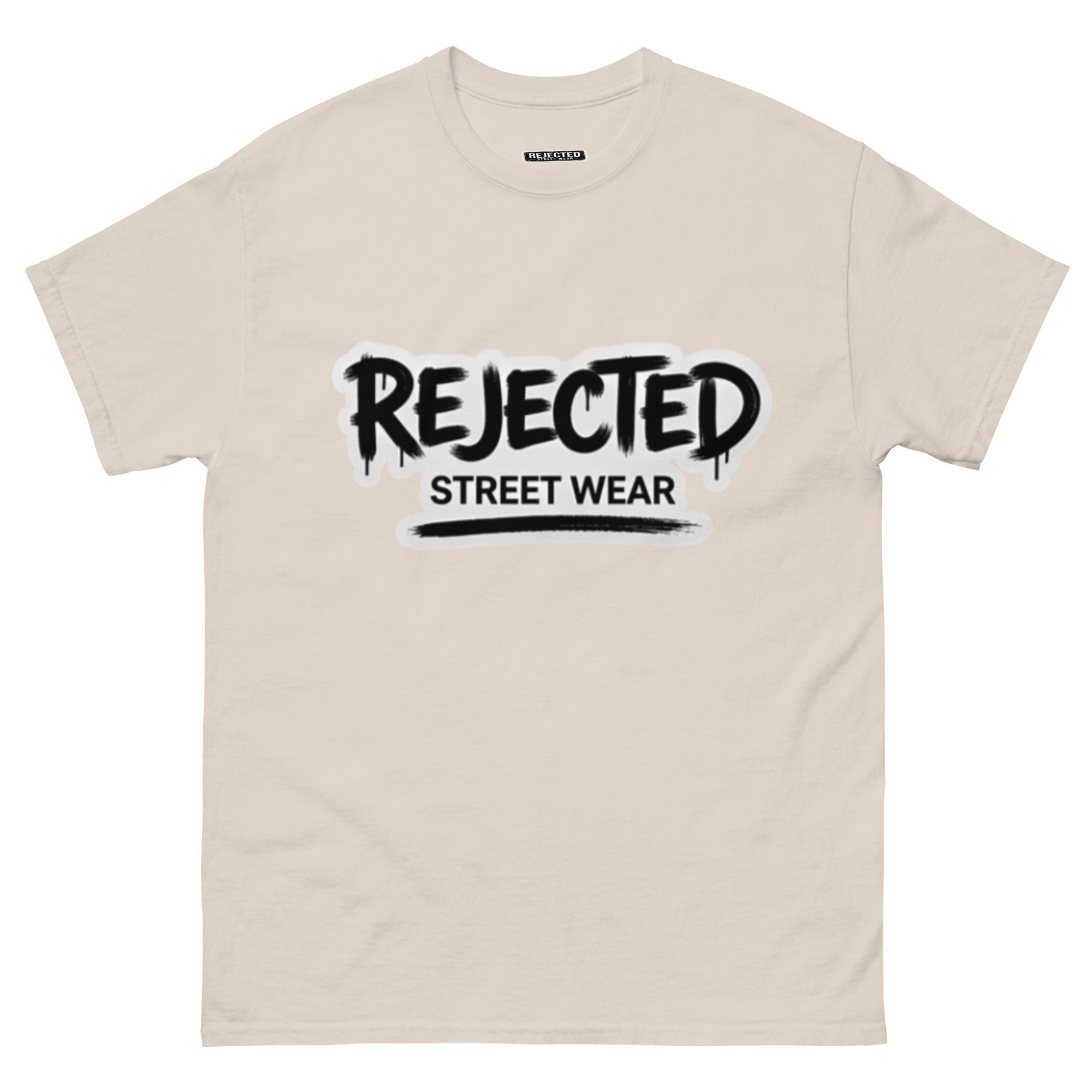 Rejected Street Wear graffiti logo tee — REJECTED in dripping spray-paint script over underlined STREET WEAR