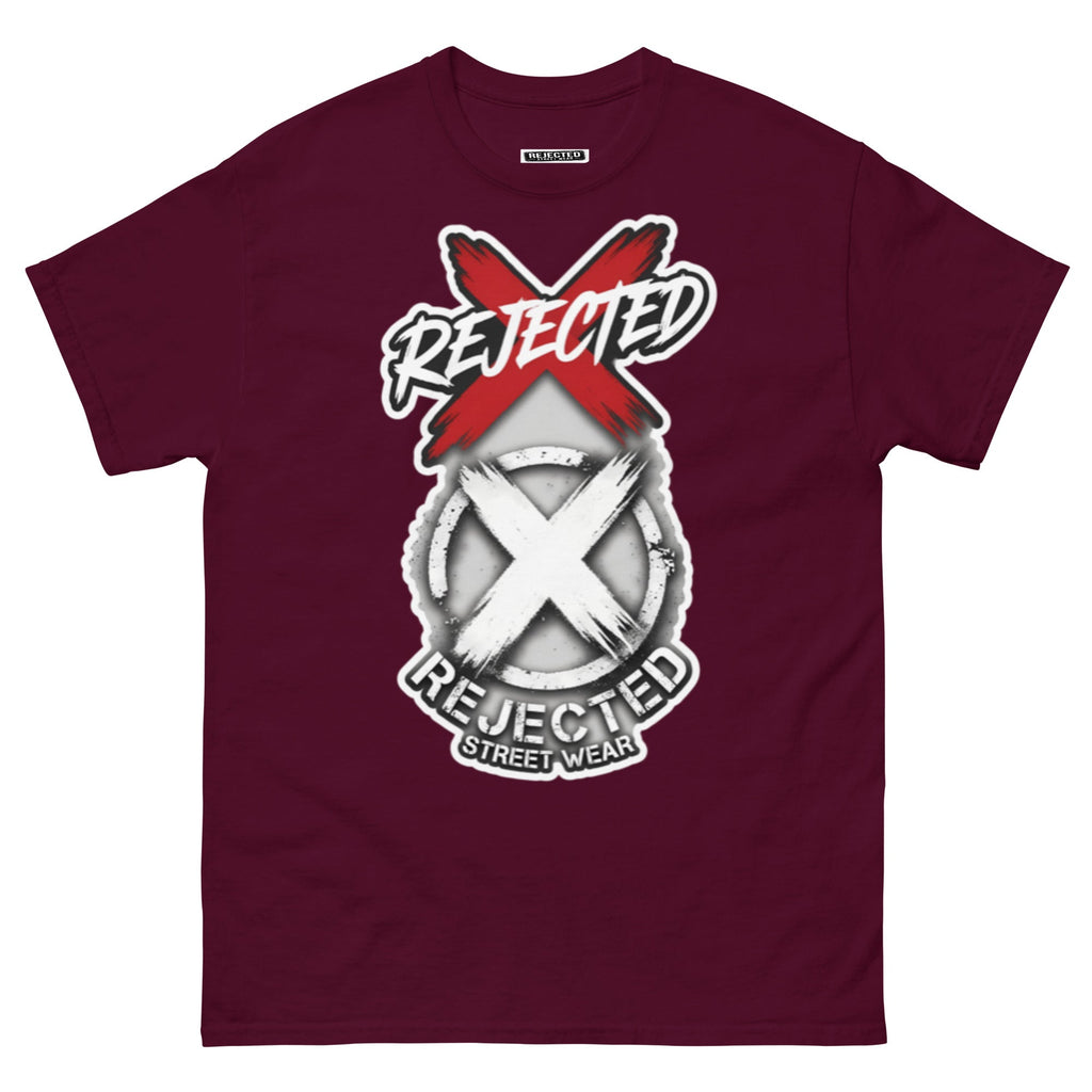 Reject Labels Be Human tee — REJECTED crossed out in red above the X emblem with the word Human underneath
