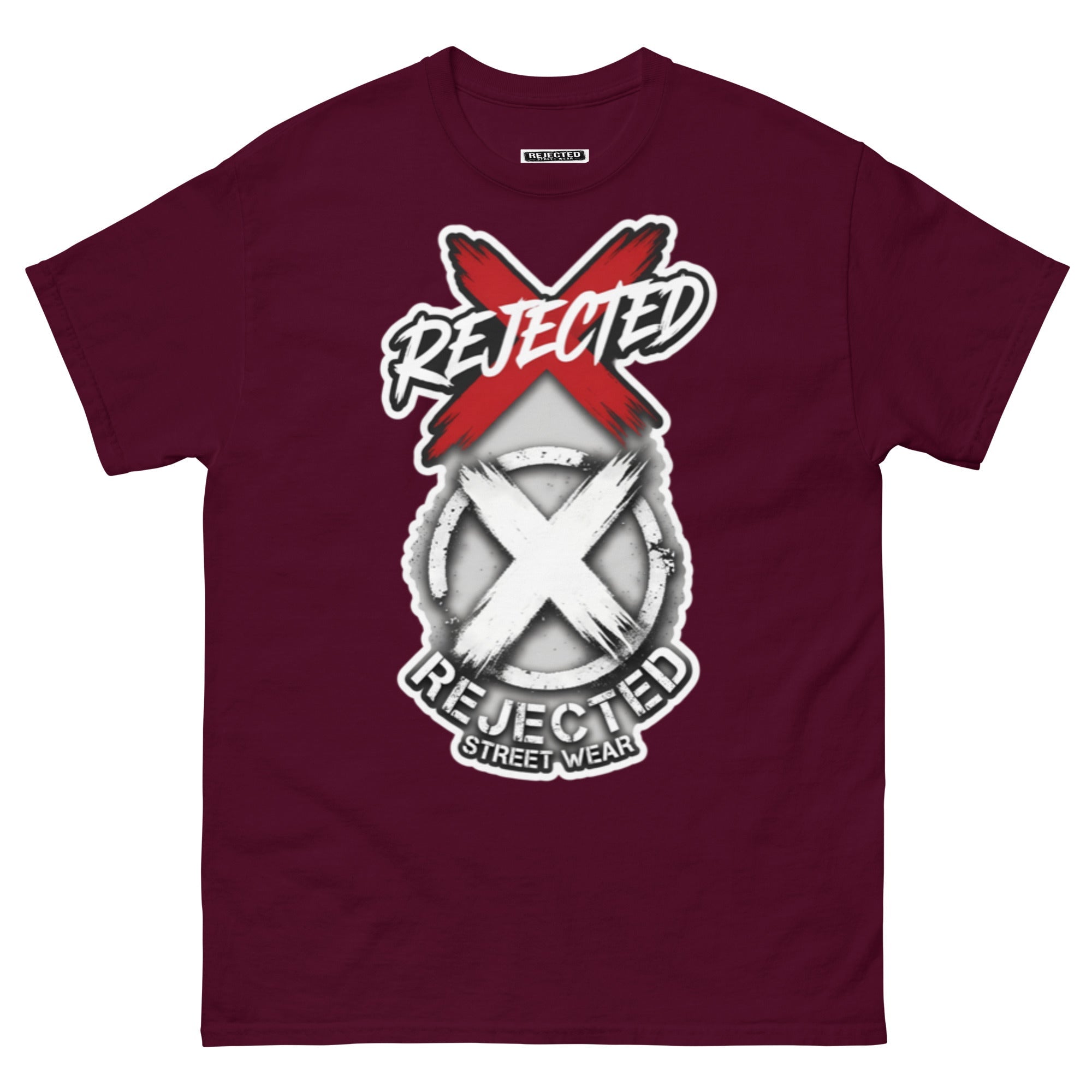 Reject Labels Be Human tee — REJECTED crossed out in red above the X emblem with the word Human underneath