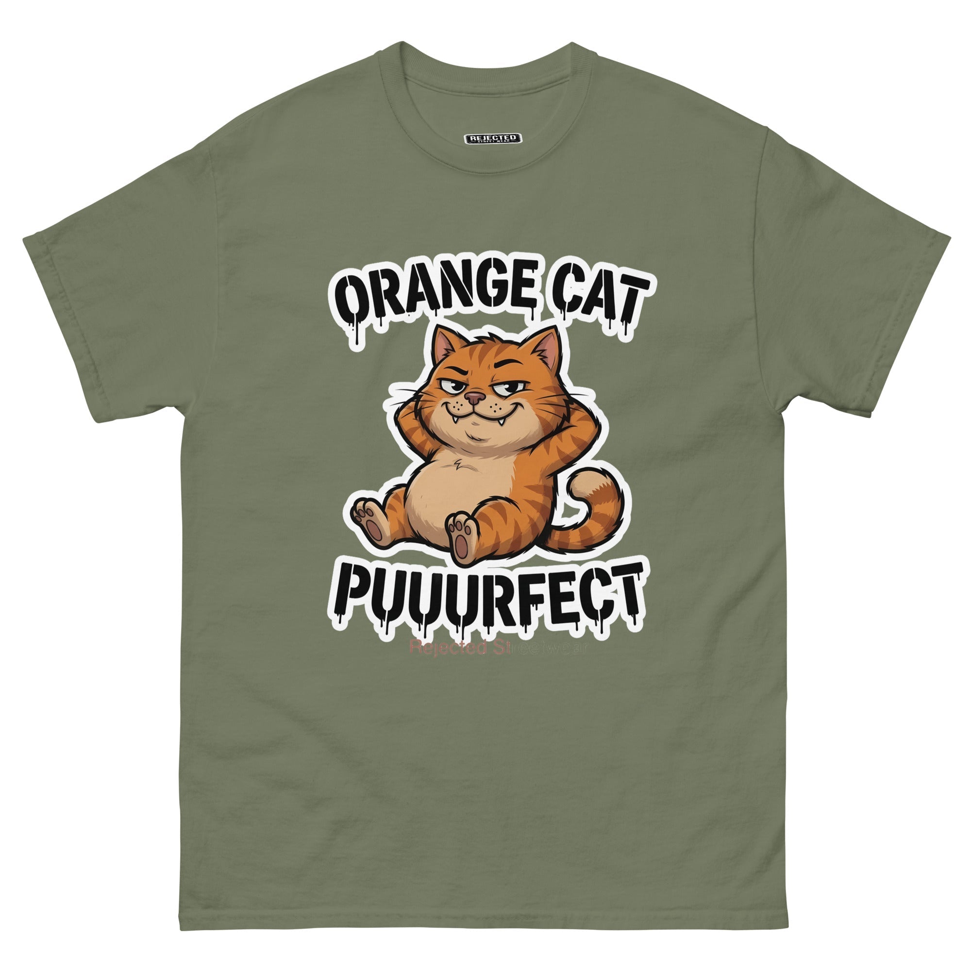 Orange Cat Puuurfect tee — chunky reclined orange tabby under arched drippy graffiti lettering