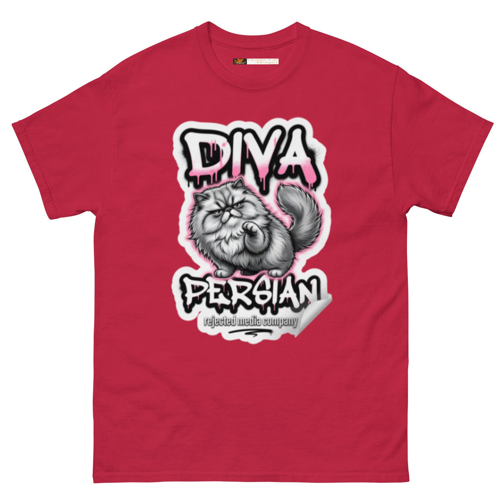 Diva Persian cat tee — fluffed-out Persian cat with an unimpressed face under pink graffiti drip lettering