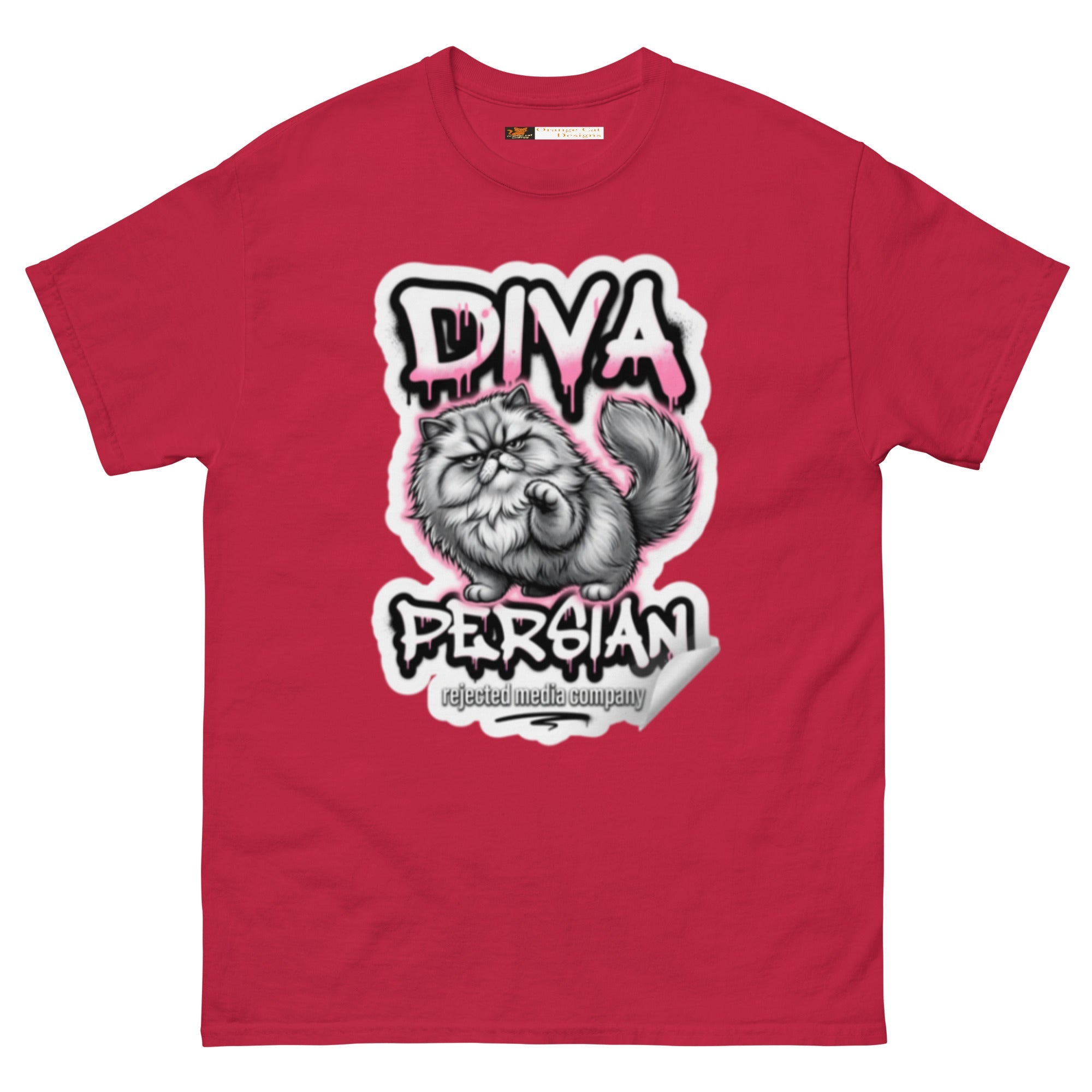 Diva Persian cat tee — fluffed-out Persian cat with an unimpressed face under pink graffiti drip lettering