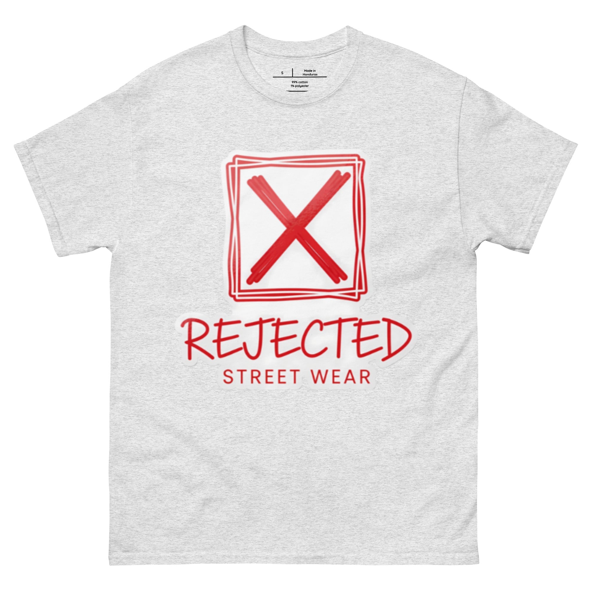 Rejected Street Wear box logo tee — hand-drawn red frame with a brushed X and REJECTED STREET WEAR in red beneath