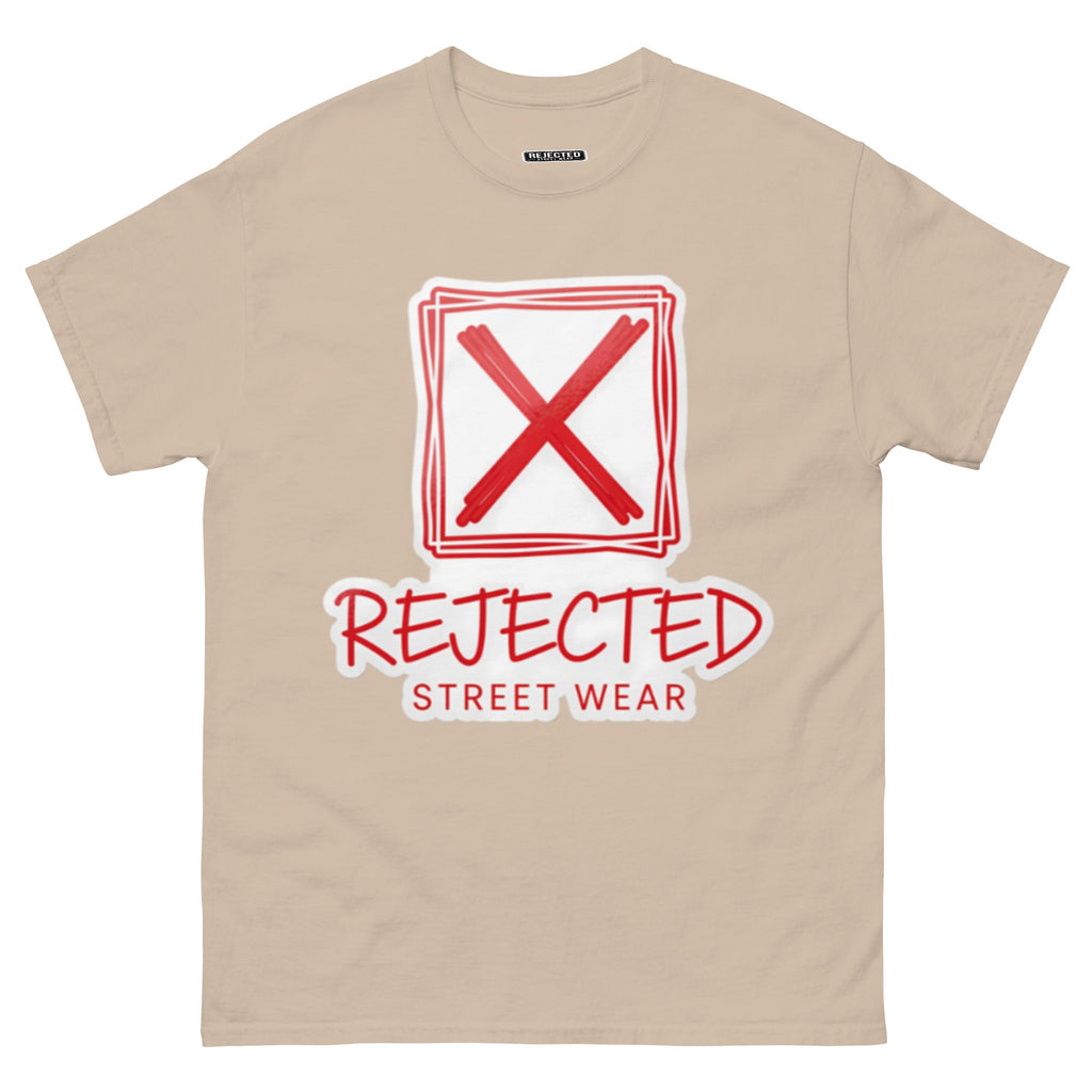 Rejected Street Wear box logo tee — hand-drawn red frame with a brushed X and REJECTED STREET WEAR in red beneath