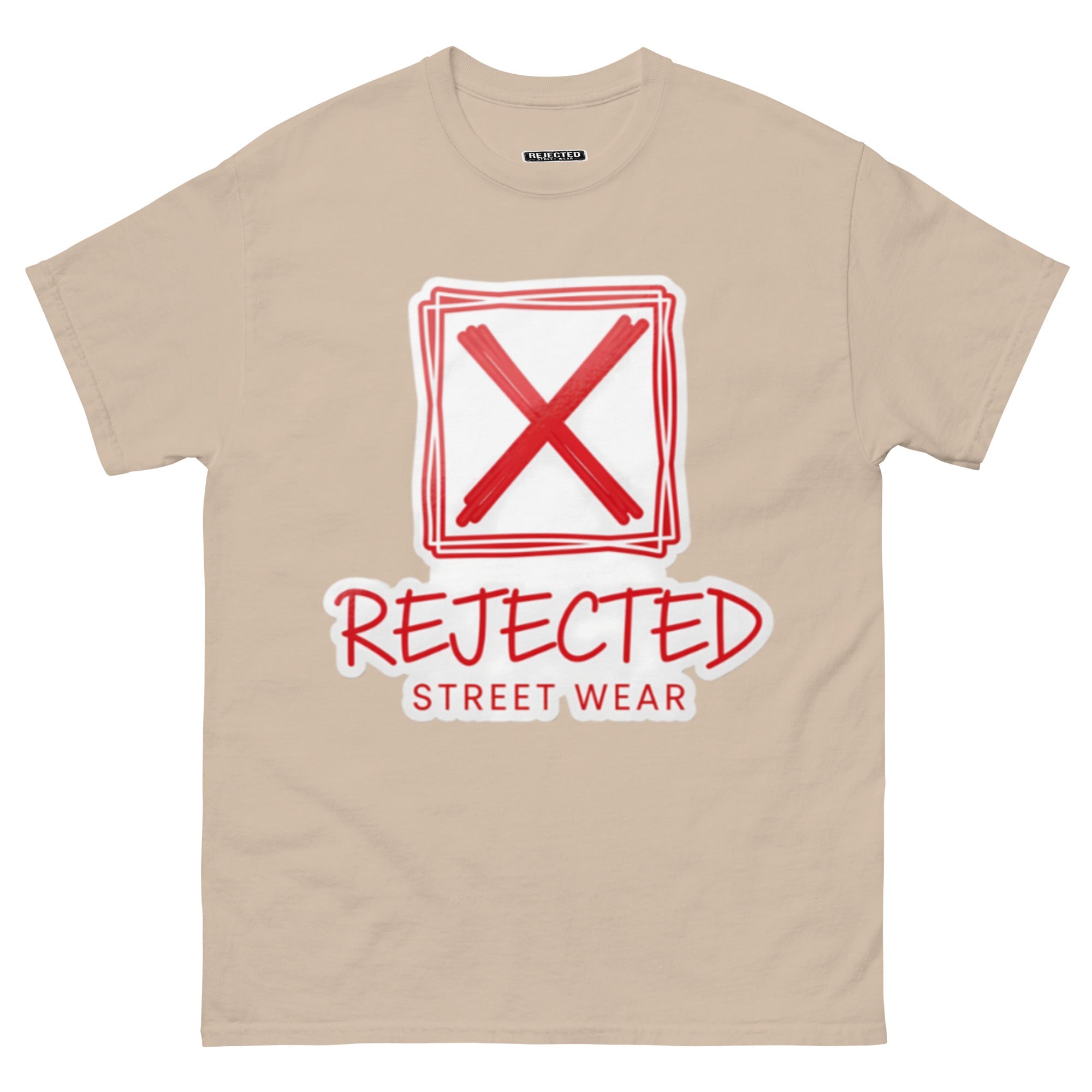 Rejected Street Wear box logo tee — hand-drawn red frame with a brushed X and REJECTED STREET WEAR in red beneath