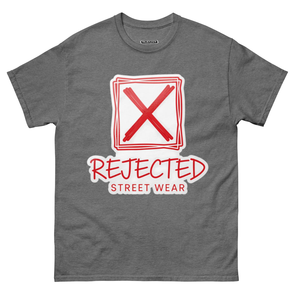 Rejected Street Wear box logo tee — hand-drawn red frame with a brushed X and REJECTED STREET WEAR in red beneath