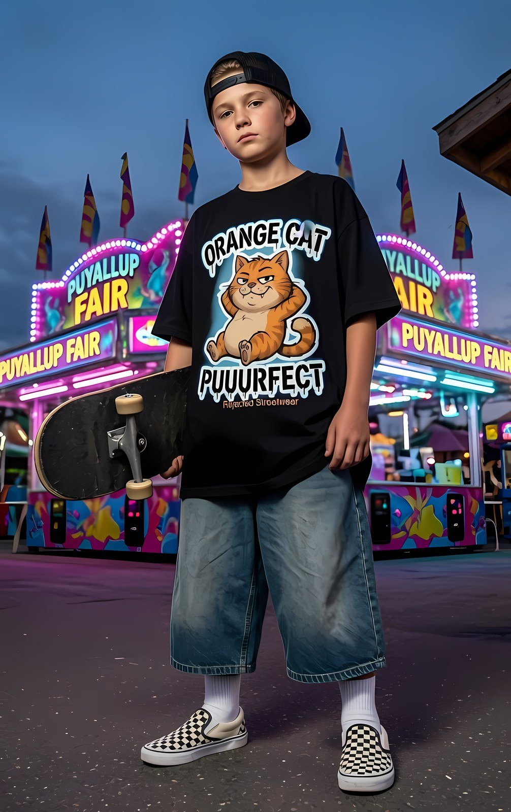 Purrfect orange cat tee — chunky reclined orange tabby under drippy graffiti lettering
