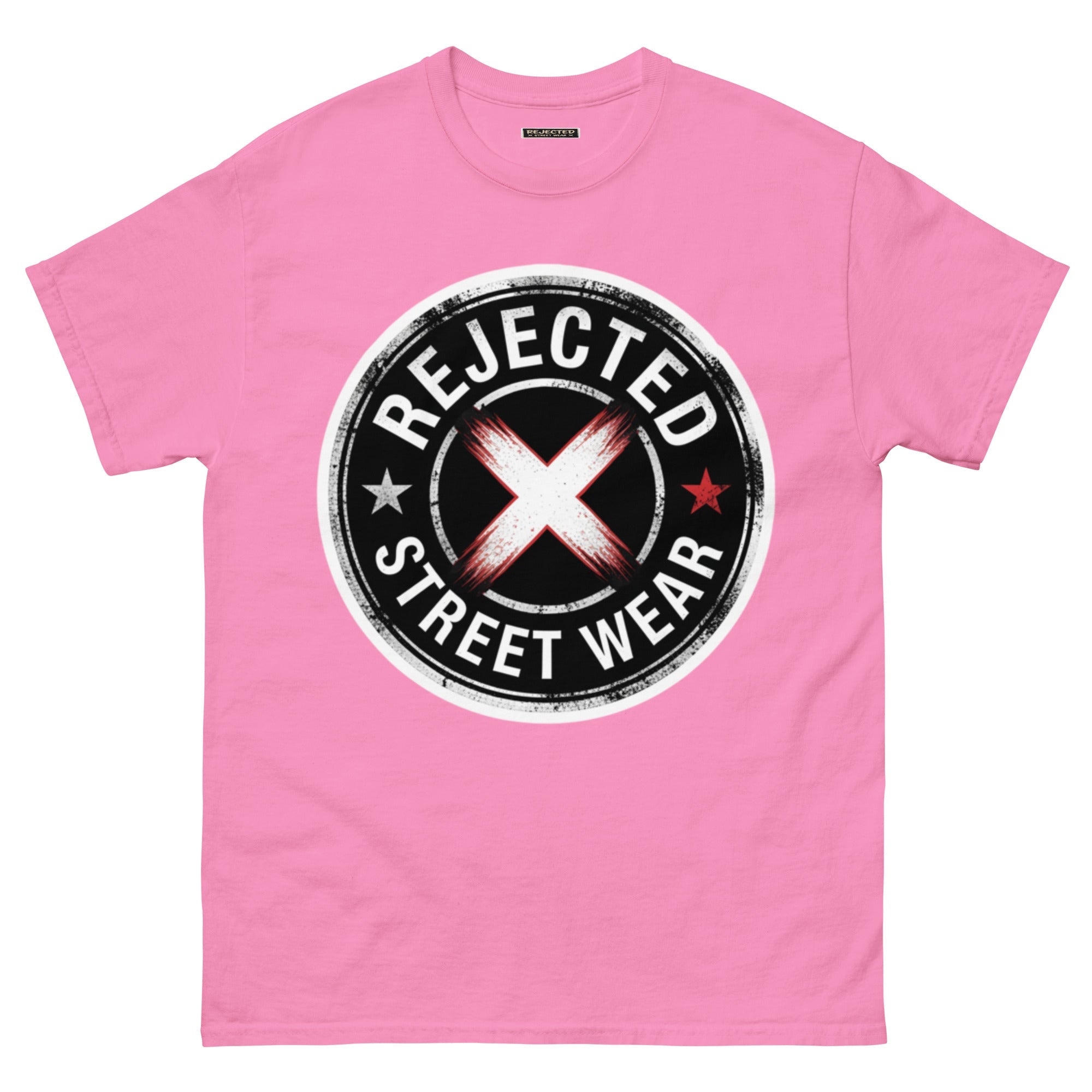 Rejected Street Wear barbed wire seal tee — distressed circular badge with REJECTED arched over a red and white brushed X