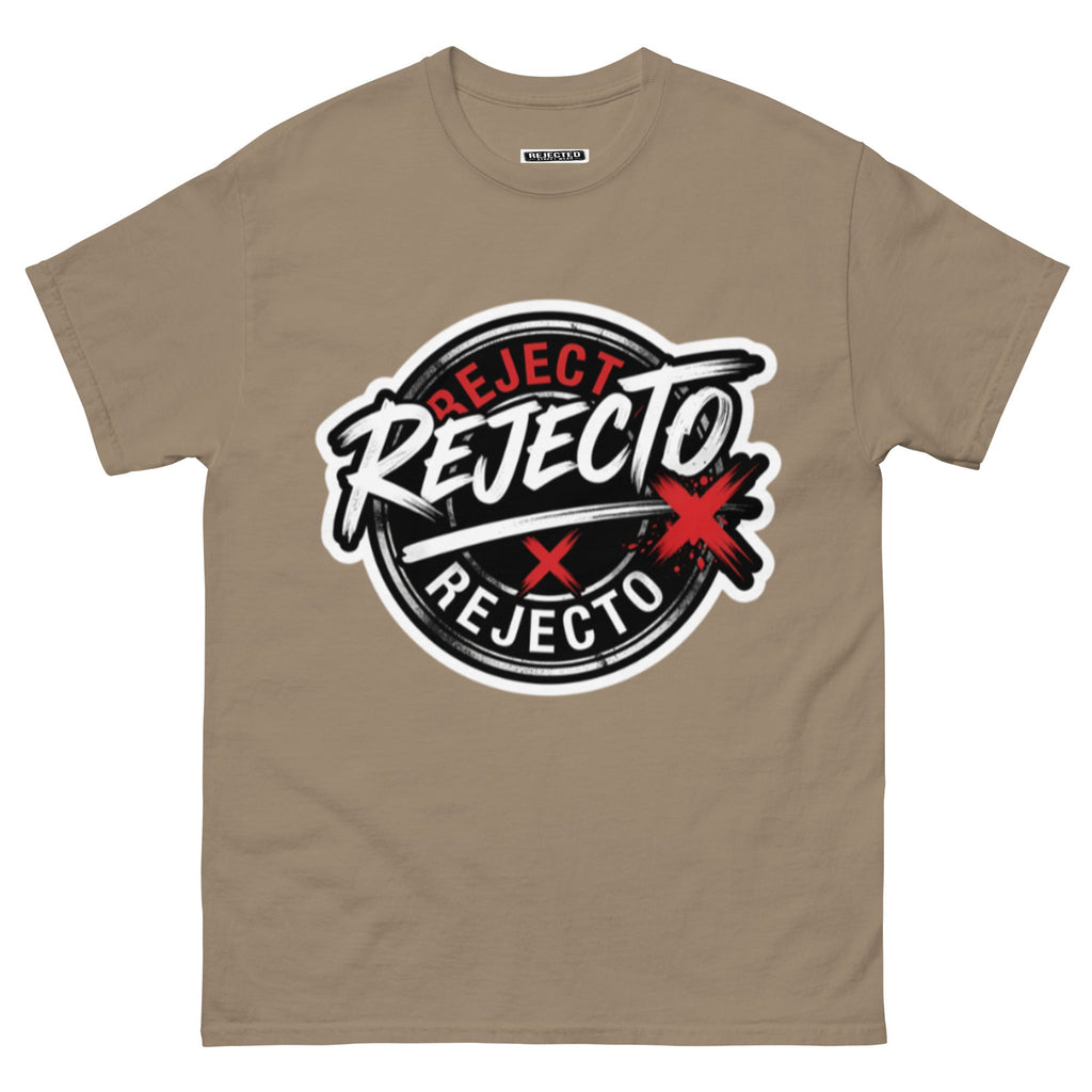 Rejected Street Wear emblem tee — black circle badge with white brush script and a red X slash