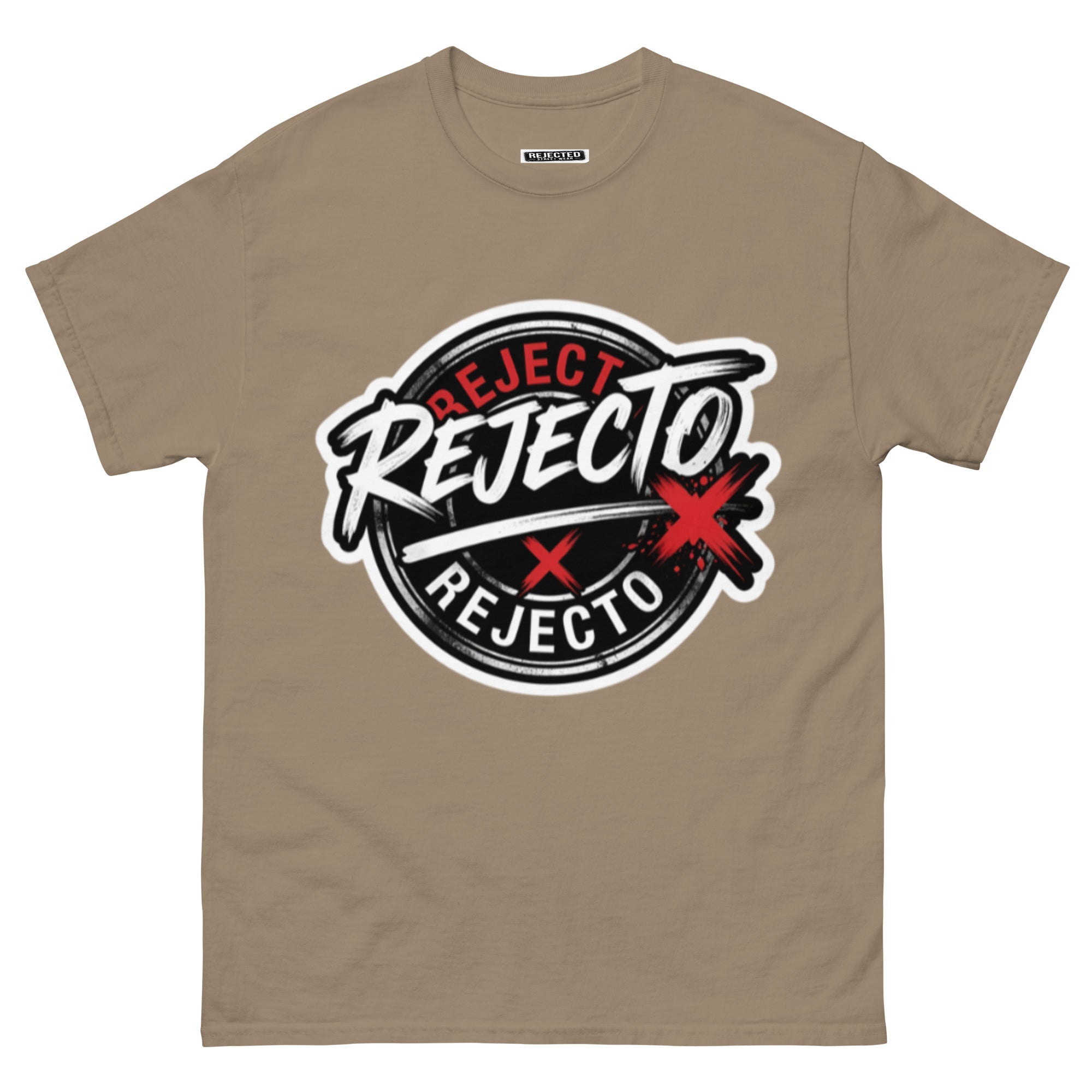 Rejected Street Wear emblem tee — black circle badge with white brush script and a red X slash