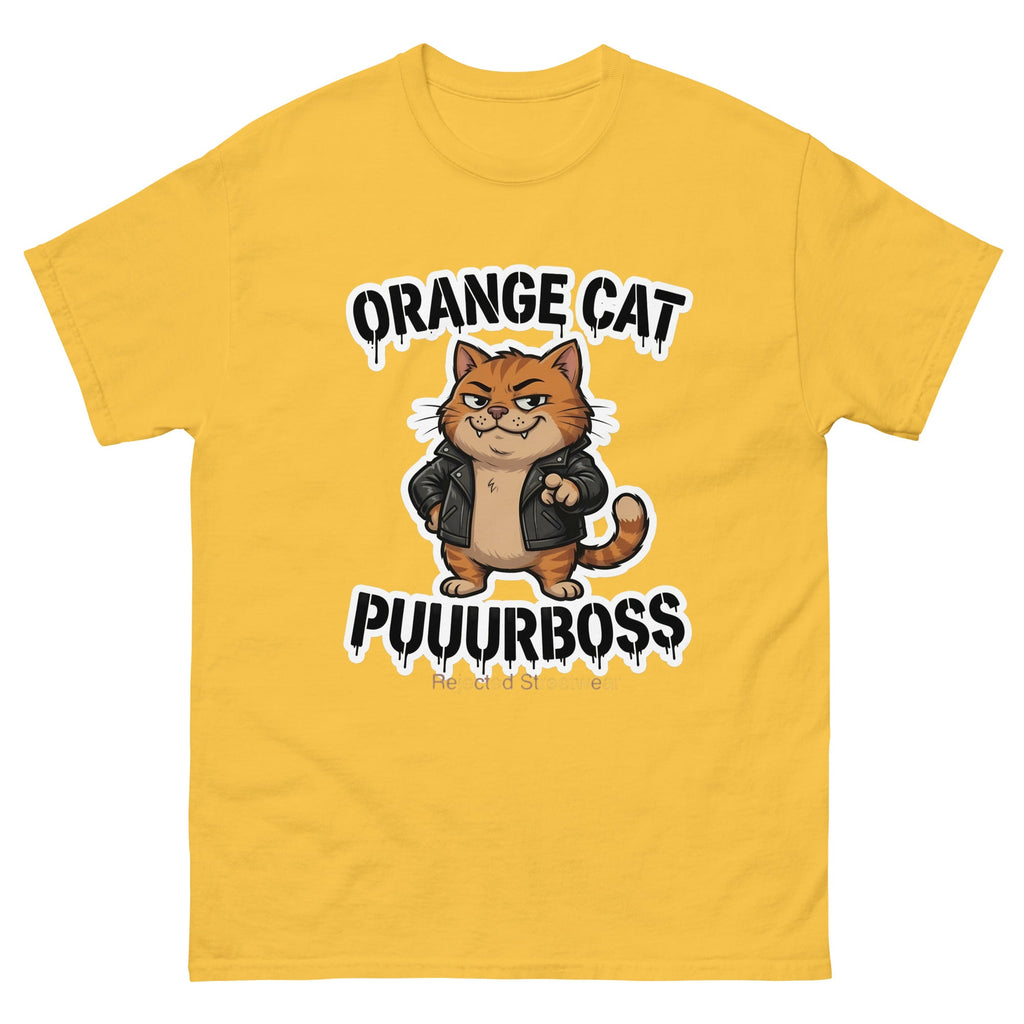 Purrboss orange cat tee — orange tabby in a leather jacket, arms crossed, under arched graffiti lettering