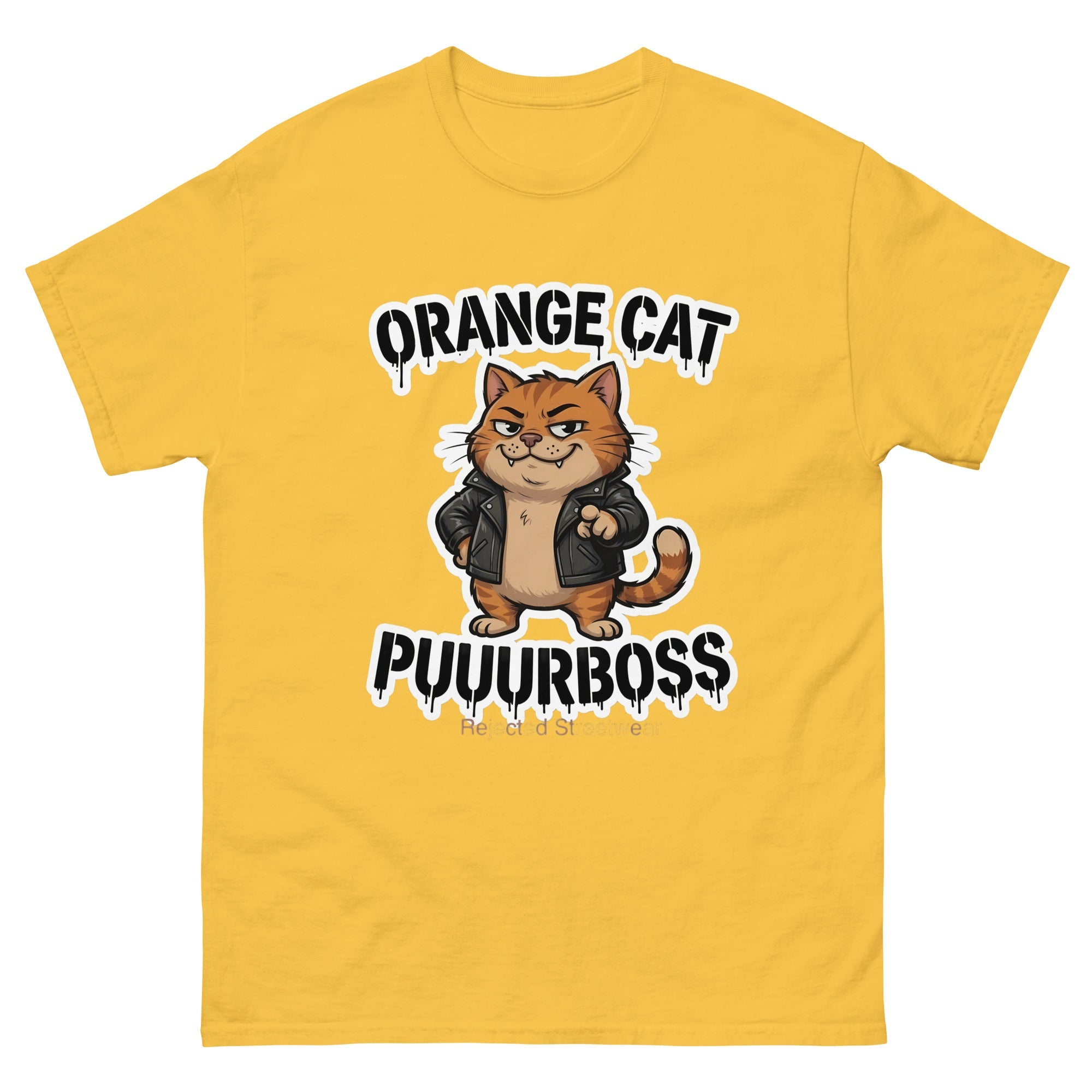 Purrboss orange cat tee — orange tabby in a leather jacket, arms crossed, under arched graffiti lettering
