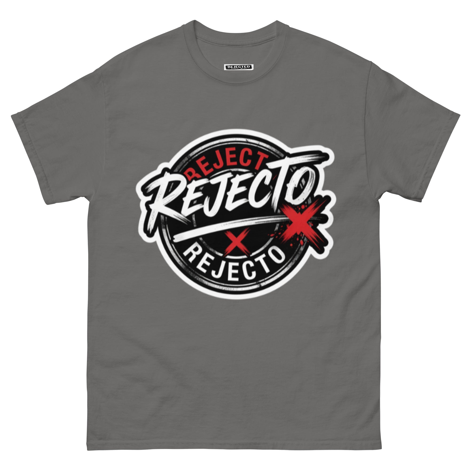 Rejected Street Wear emblem tee — black circle badge with white brush script and a red X slash