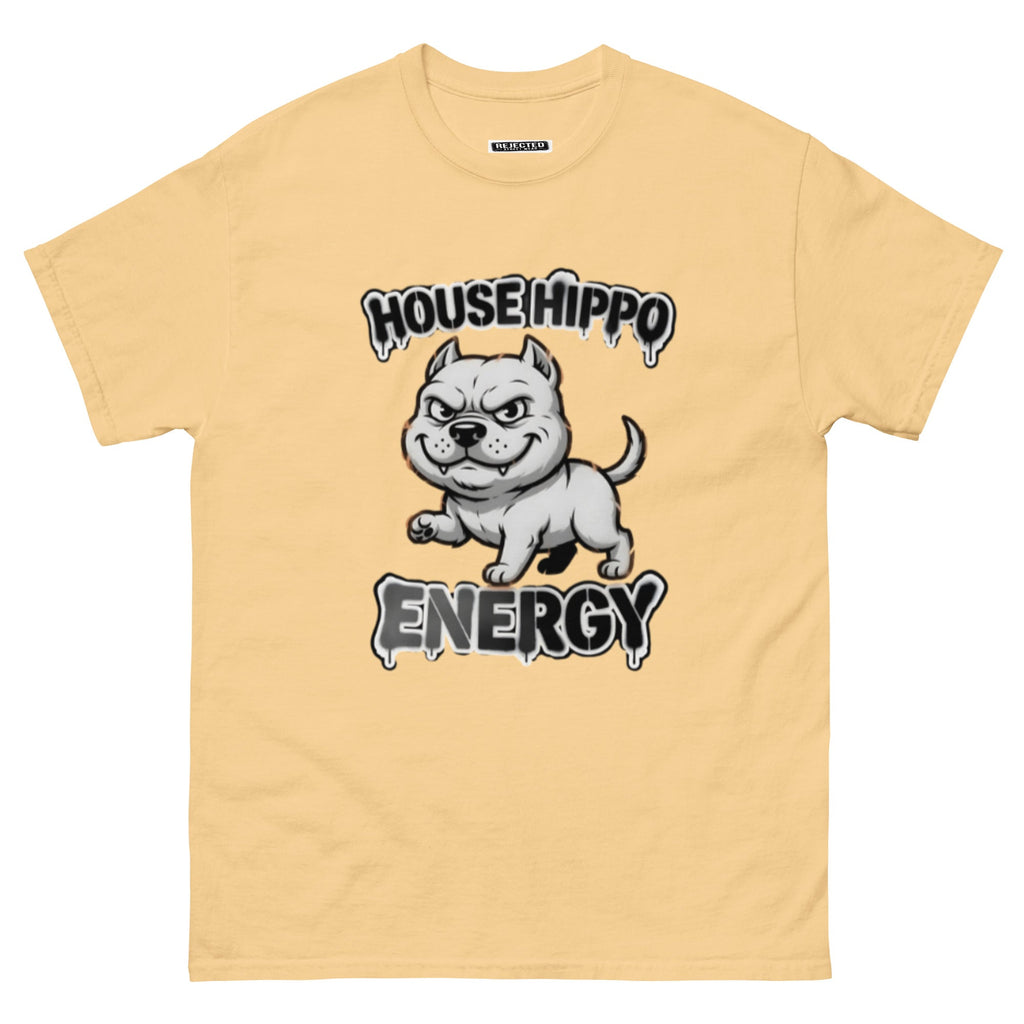 House Hippo Energy tee — stocky bully dog mid-stomp under drippy graffiti lettering