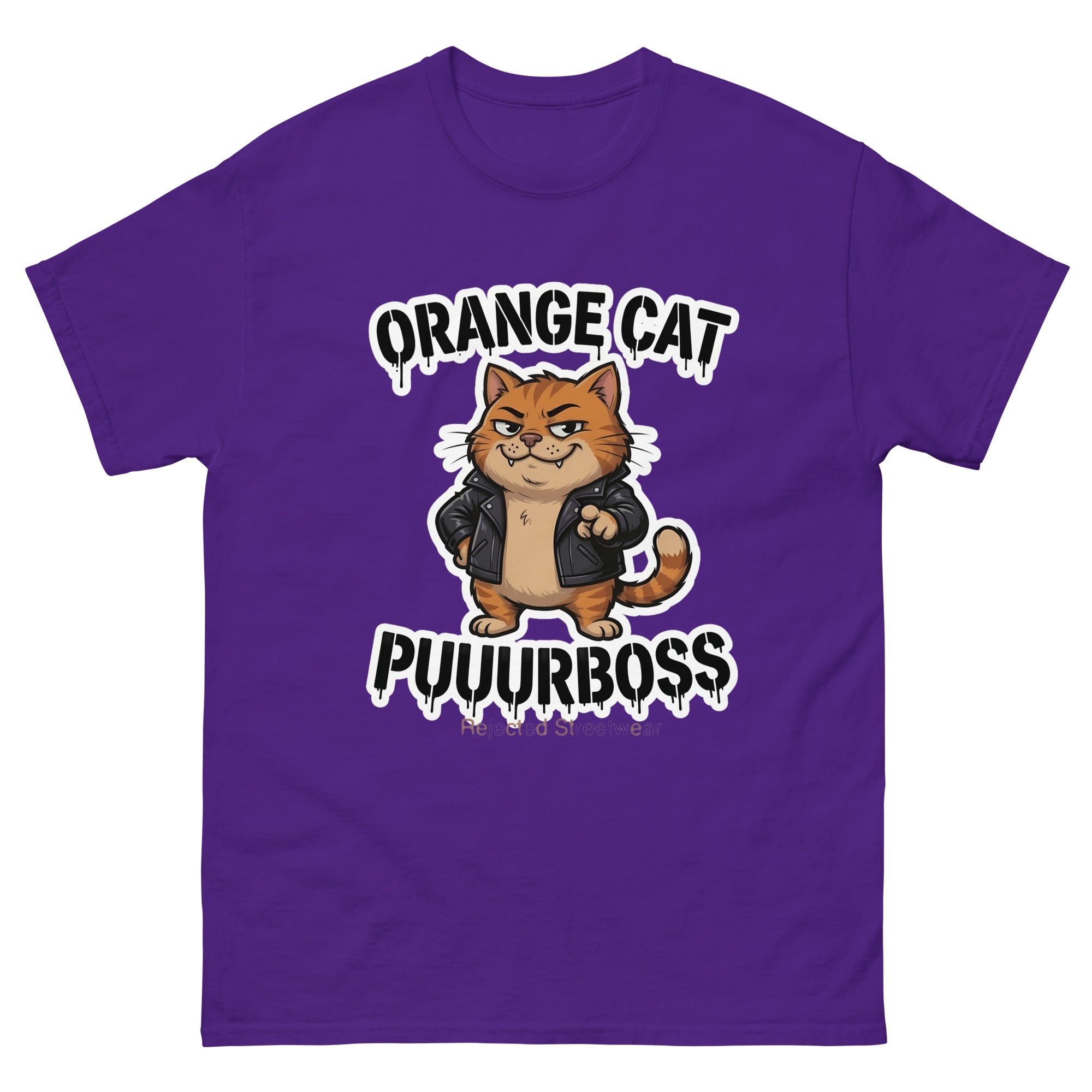 Purrboss orange cat tee — orange tabby in a leather jacket, arms crossed, under arched graffiti lettering