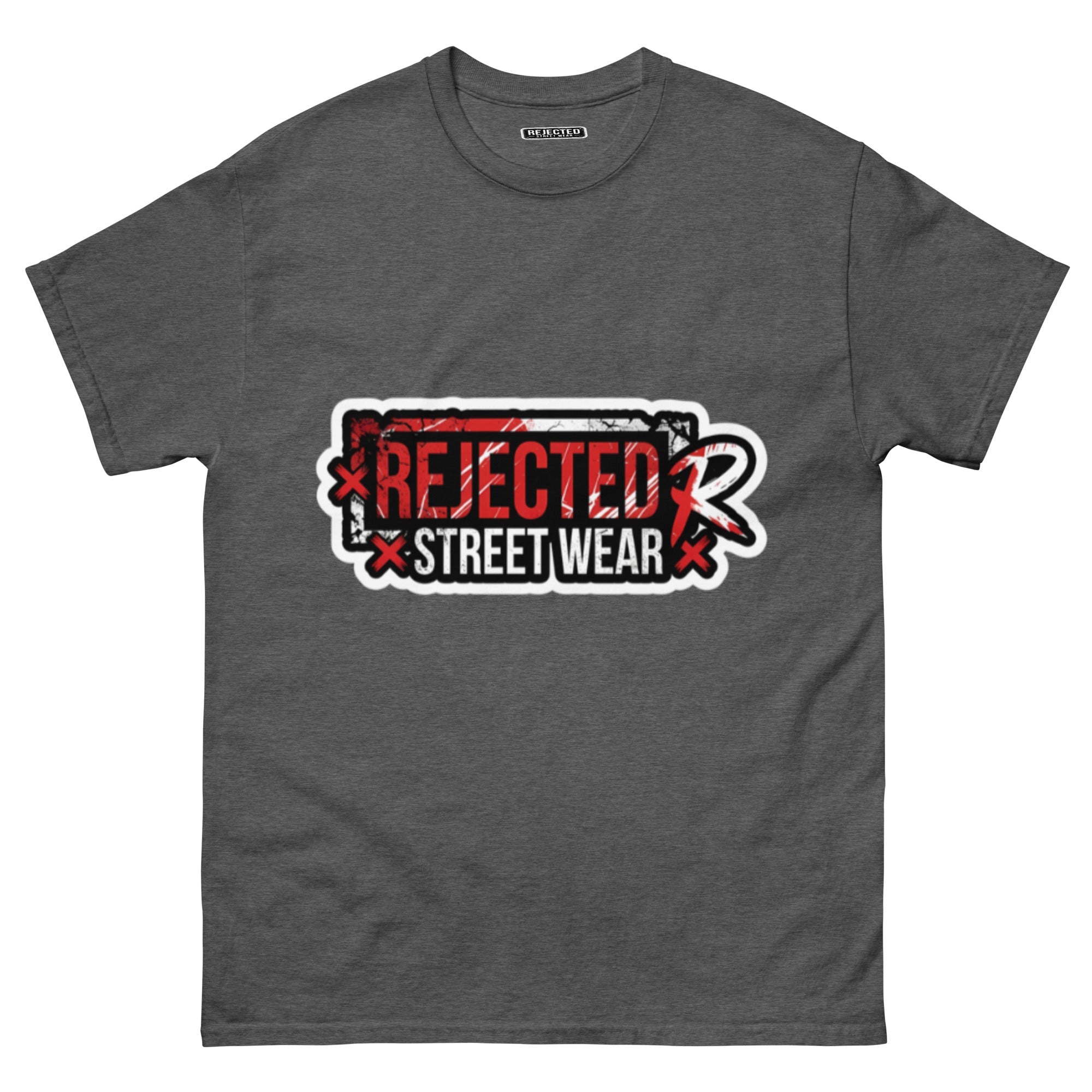 Rejected Street Wear red box logo tee — red-framed REJECTED STREET WEAR stamp with corner x marks and a red slash