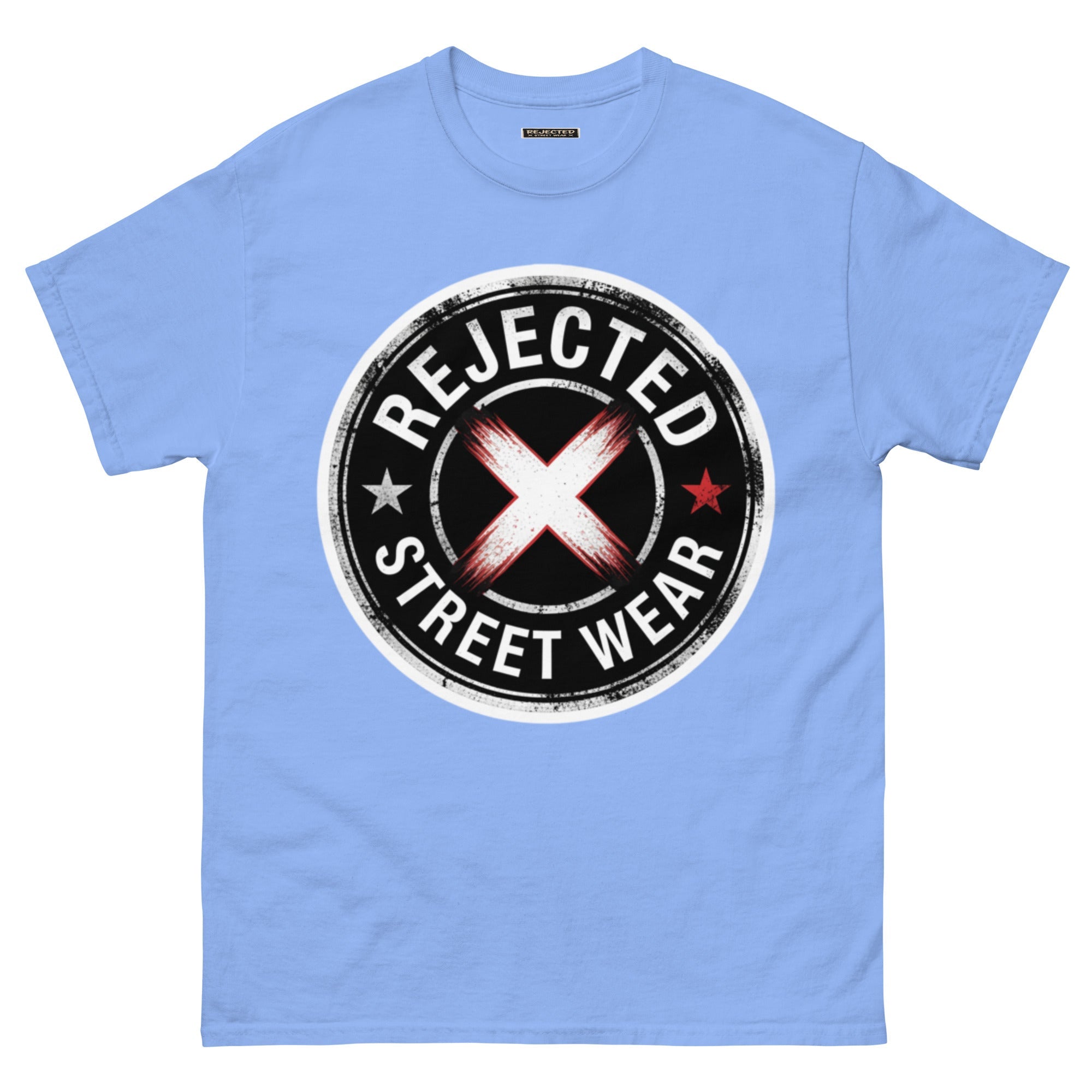 Rejected Street Wear barbed wire seal tee — distressed circular badge with REJECTED arched over a red and white brushed X