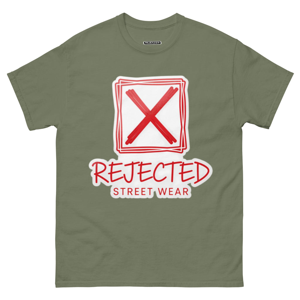 Rejected Street Wear box logo tee — hand-drawn red frame with a brushed X and REJECTED STREET WEAR in red beneath