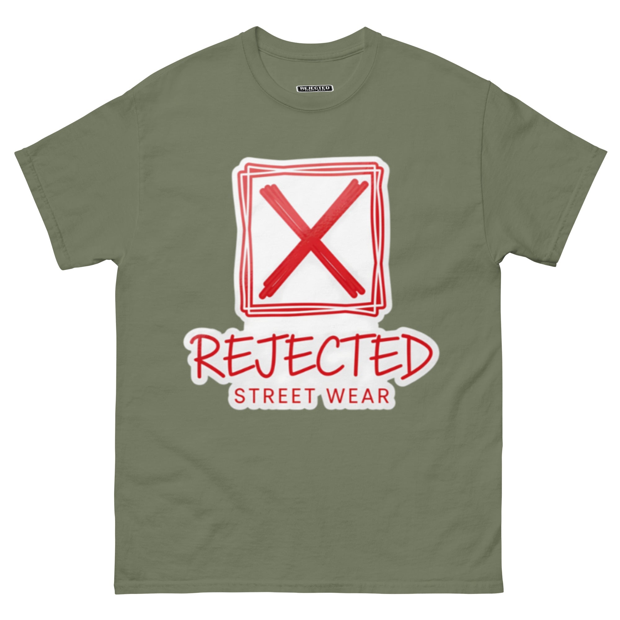 Rejected Street Wear box logo tee — hand-drawn red frame with a brushed X and REJECTED STREET WEAR in red beneath