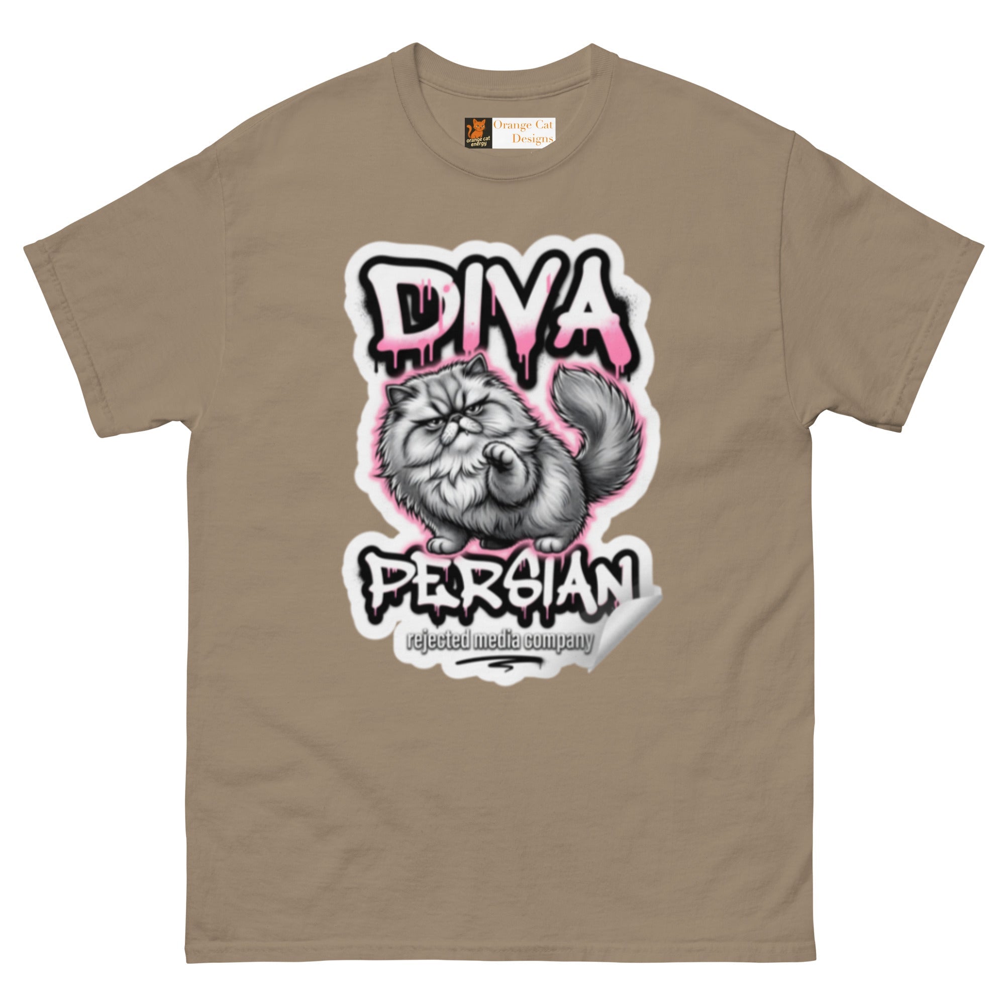 Diva Persian cat tee — fluffed-out Persian cat with an unimpressed face under pink graffiti drip lettering