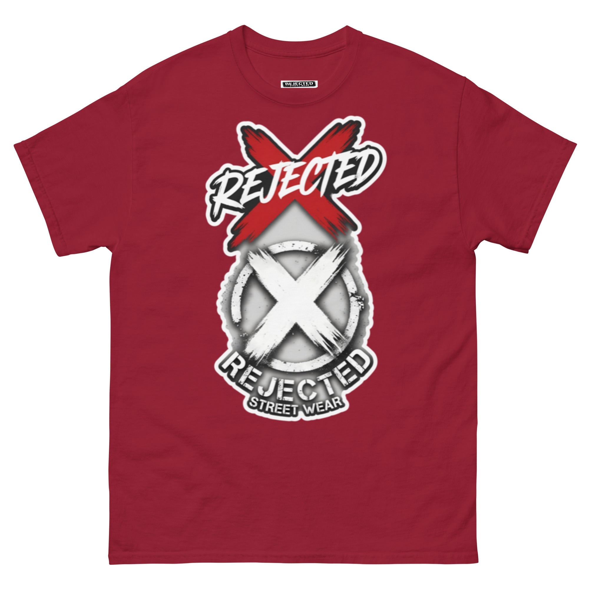 Reject Labels Be Human tee — REJECTED crossed out in red above the X emblem with the word Human underneath