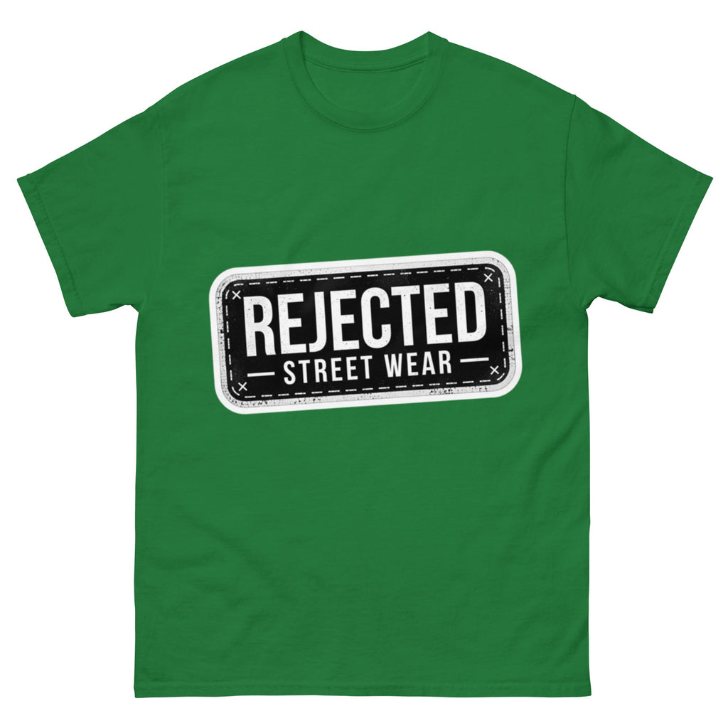 Rejected Street Wear plate logo tee — stamped black plate with a dashed border, corner x marks and REJECTED STREET WEAR inside