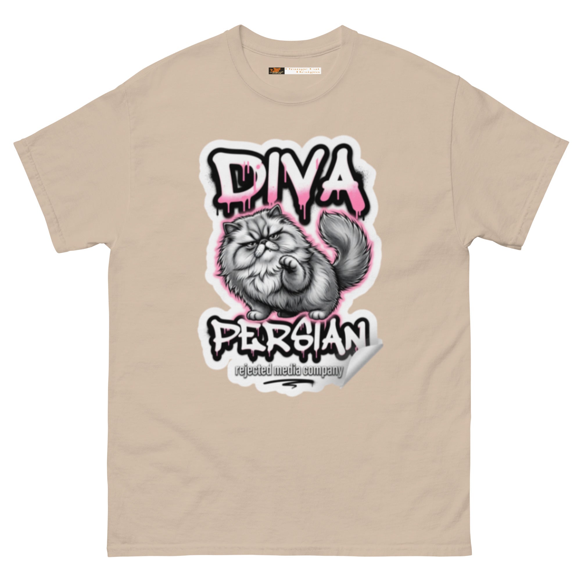 Diva Persian cat tee — fluffed-out Persian cat with an unimpressed face under pink graffiti drip lettering