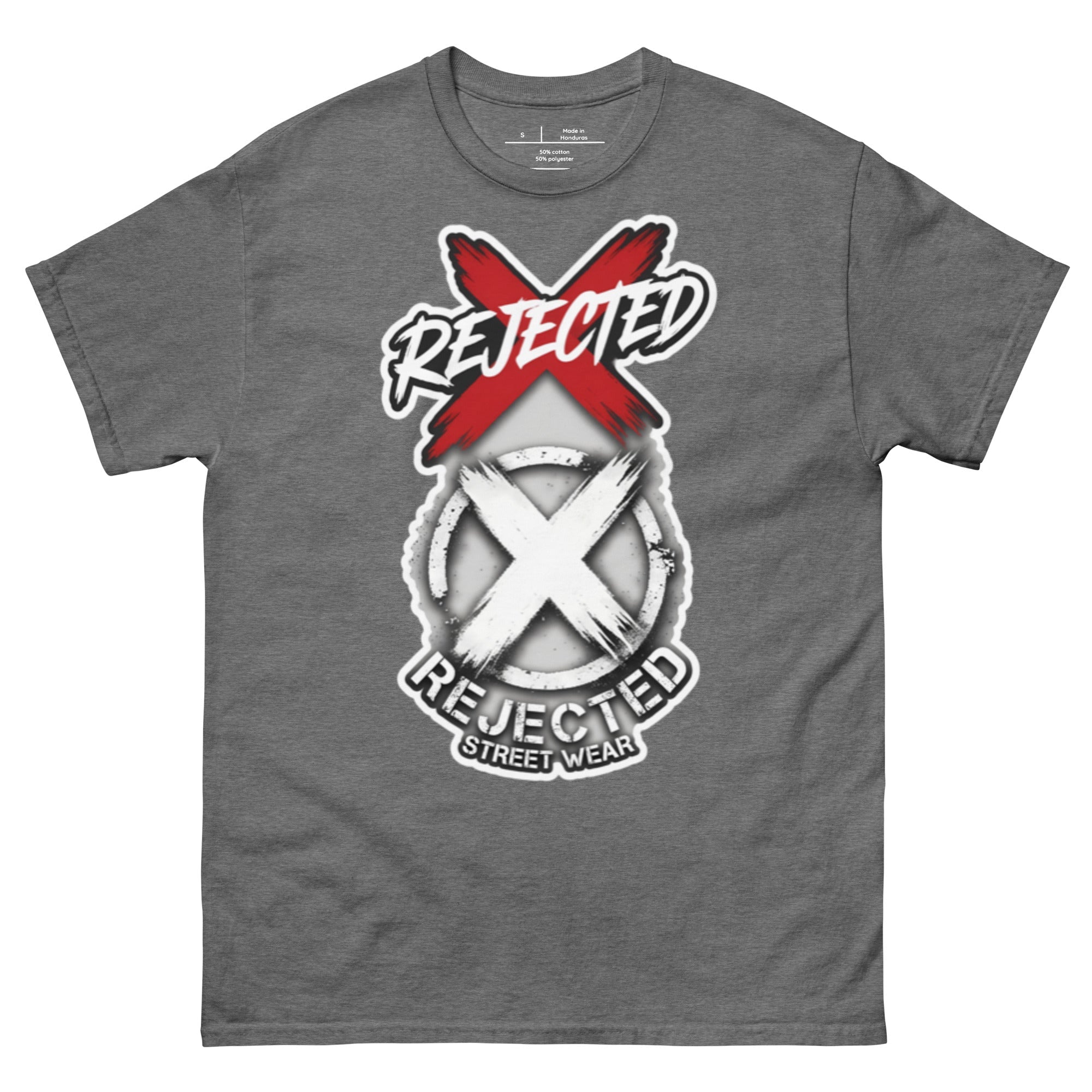 Reject Labels Be Human tee — REJECTED crossed out in red above the X emblem with the word Human underneath