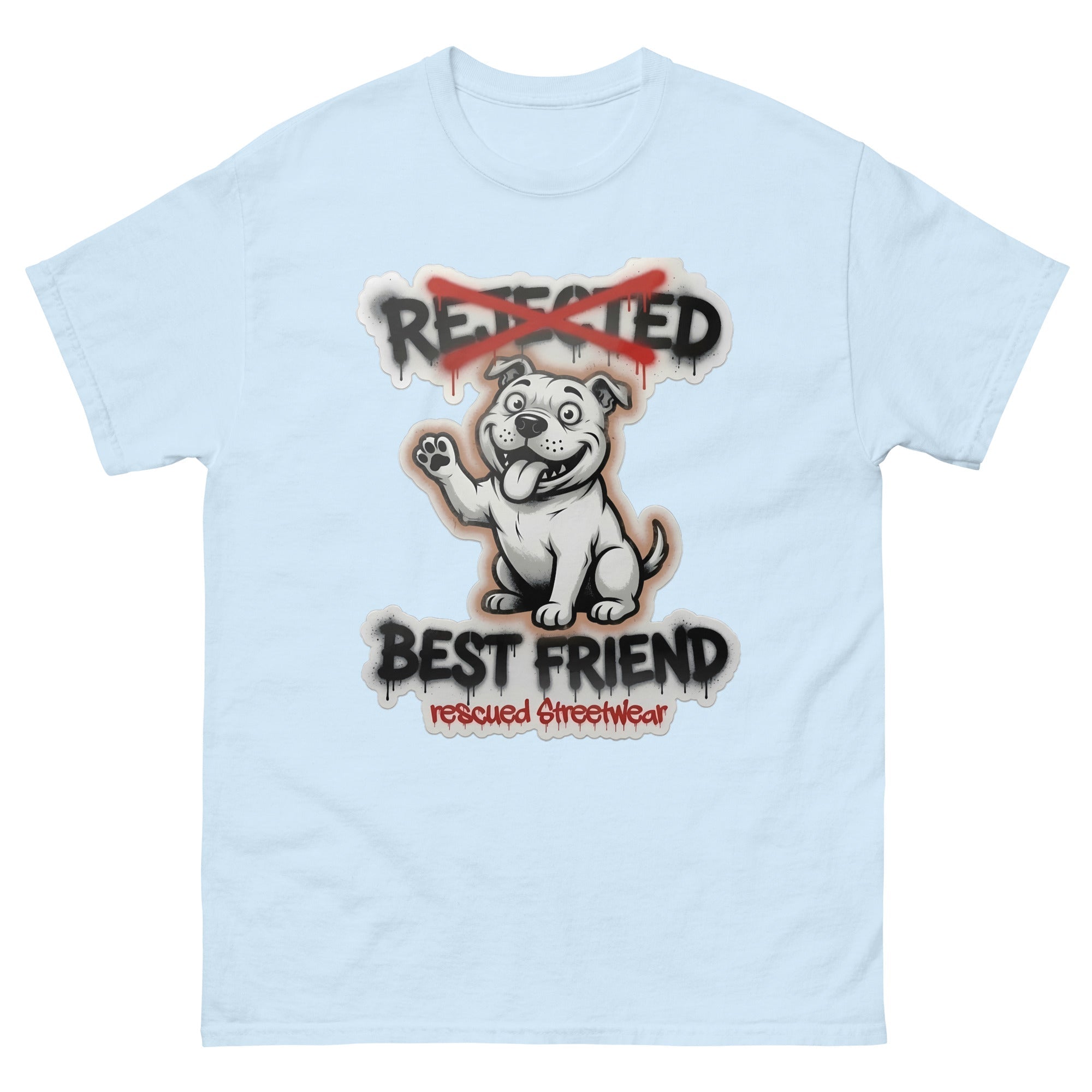 Best Friend pit bull tee — white bully pup waving a paw with REJECTED crossed out in red and BEST FRIEND sprayed below