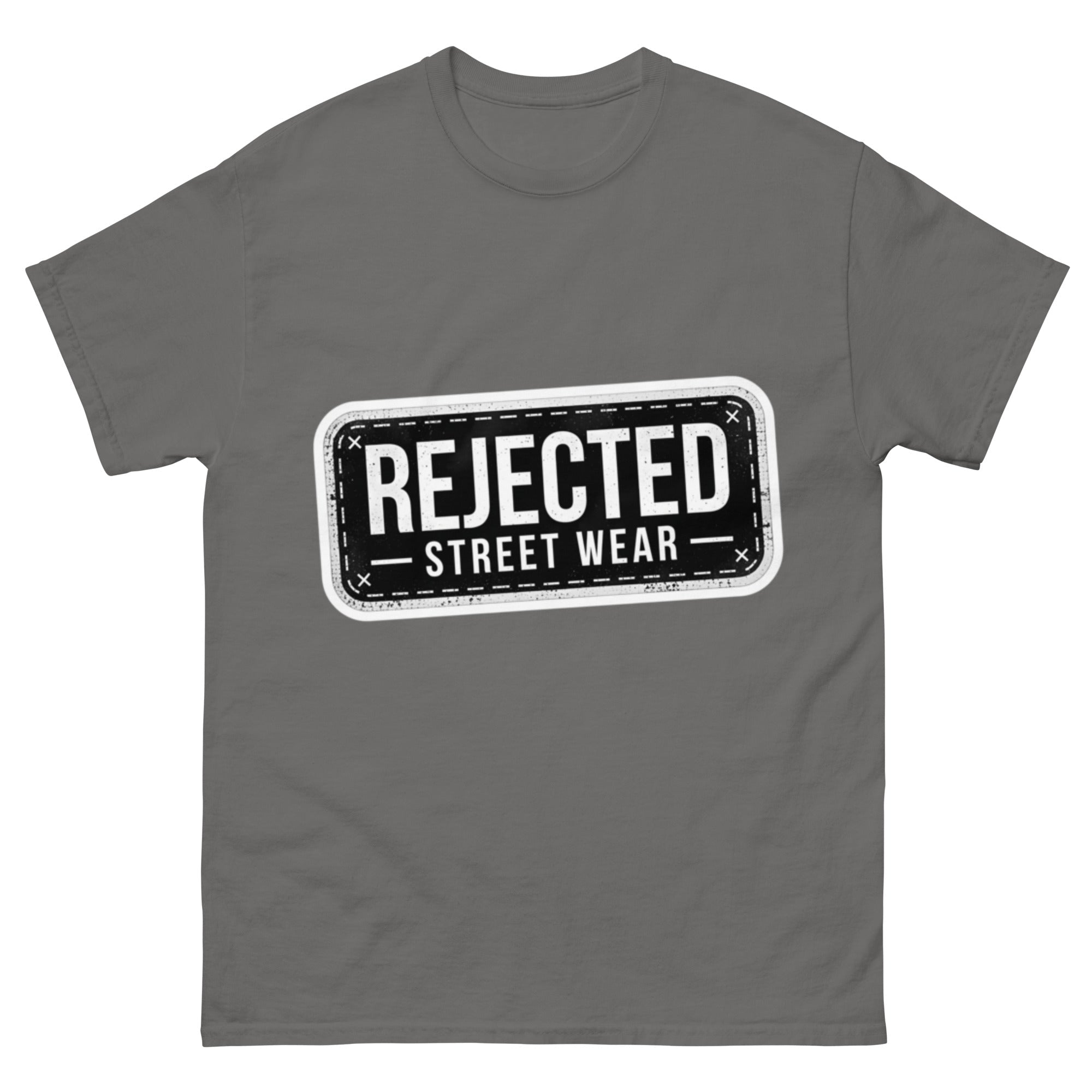 Rejected Street Wear plate logo tee — stamped black plate with a dashed border, corner x marks and REJECTED STREET WEAR inside