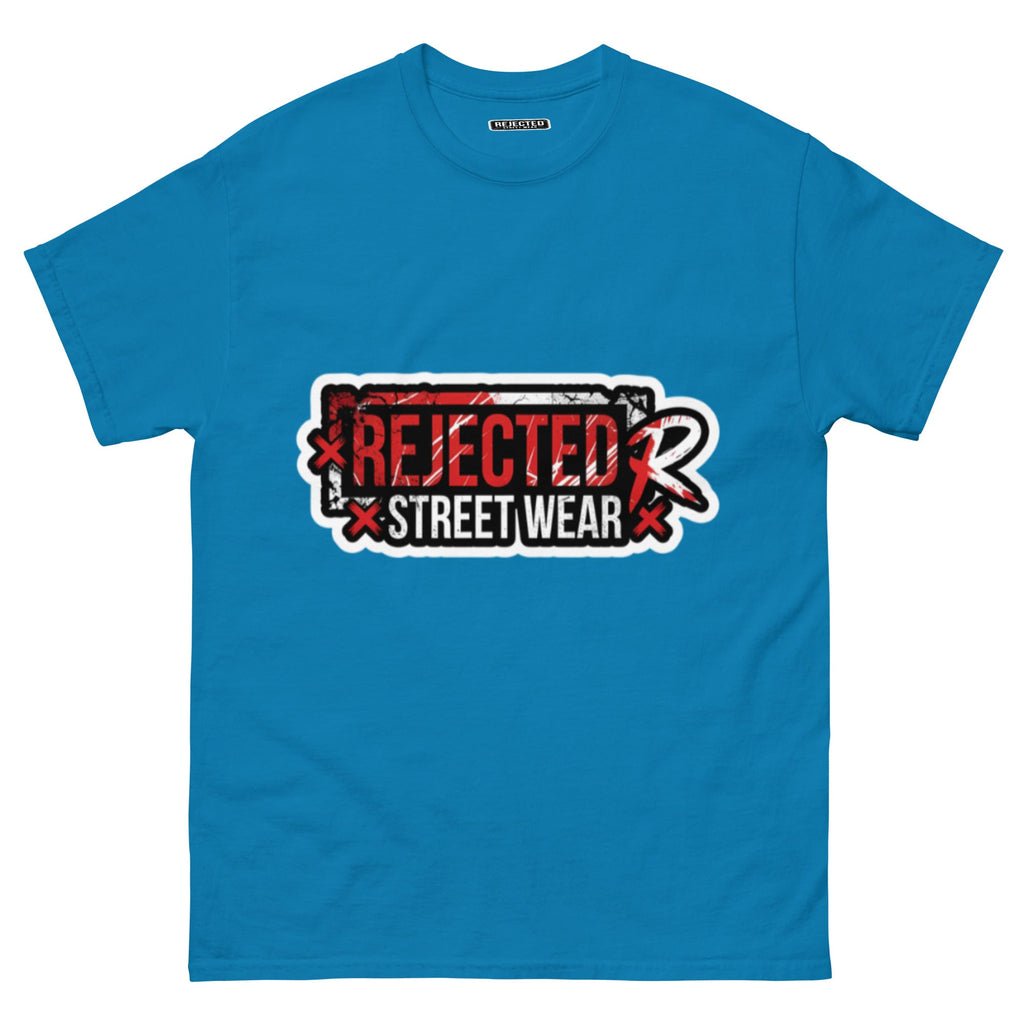 Rejected Street Wear red box logo tee — red-framed REJECTED STREET WEAR stamp with corner x marks and a red slash