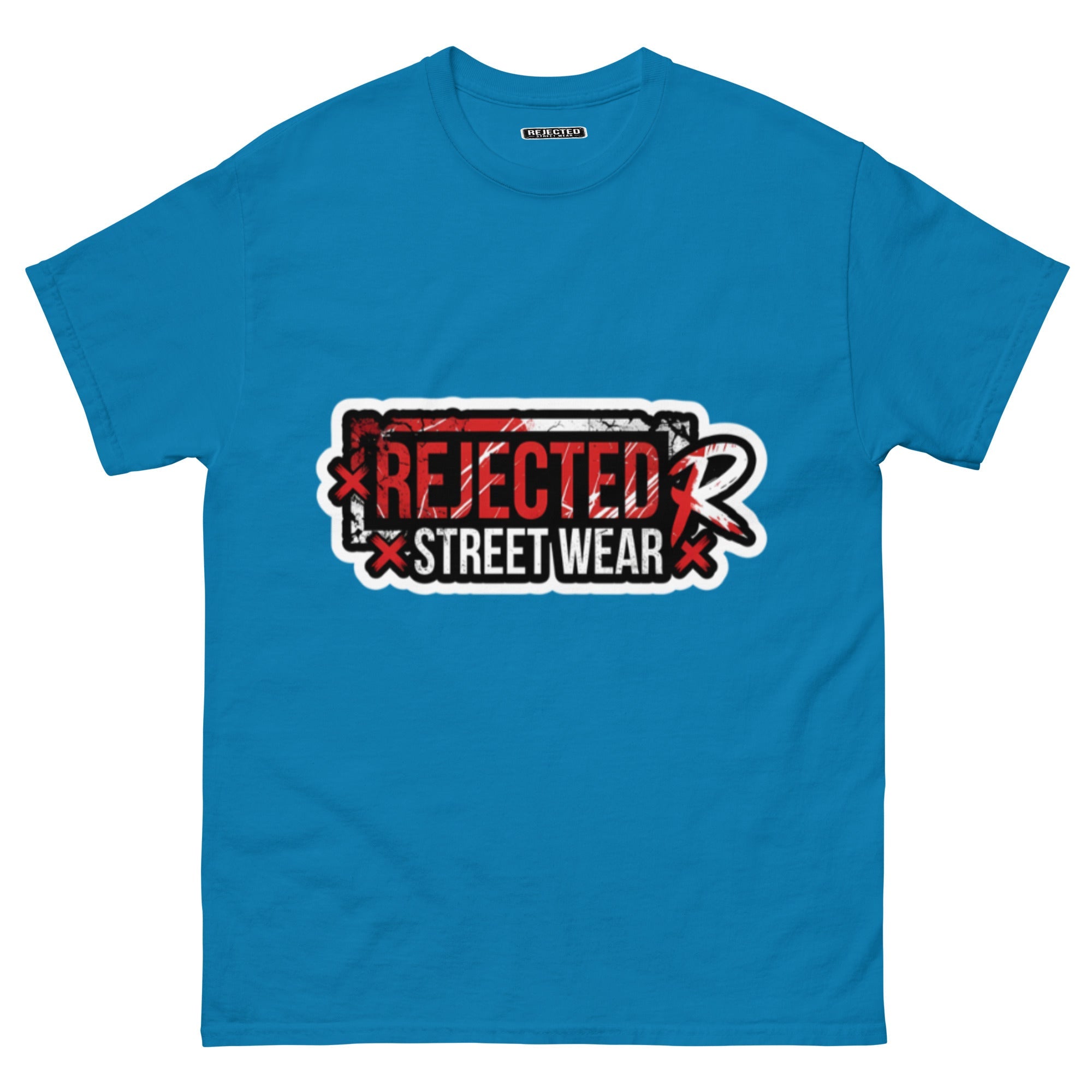 Rejected Street Wear red box logo tee — red-framed REJECTED STREET WEAR stamp with corner x marks and a red slash
