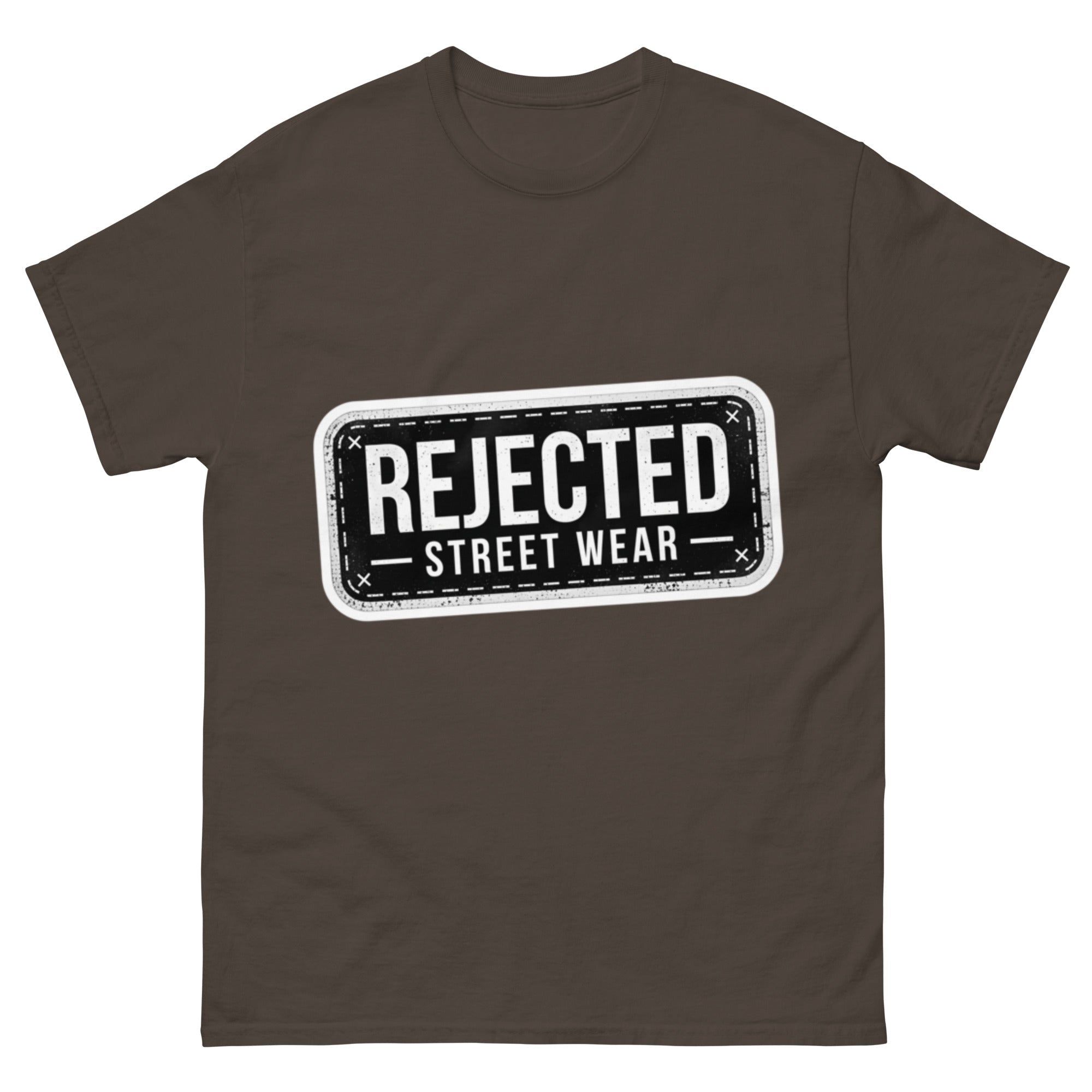 Rejected Street Wear plate logo tee — stamped black plate with a dashed border, corner x marks and REJECTED STREET WEAR inside