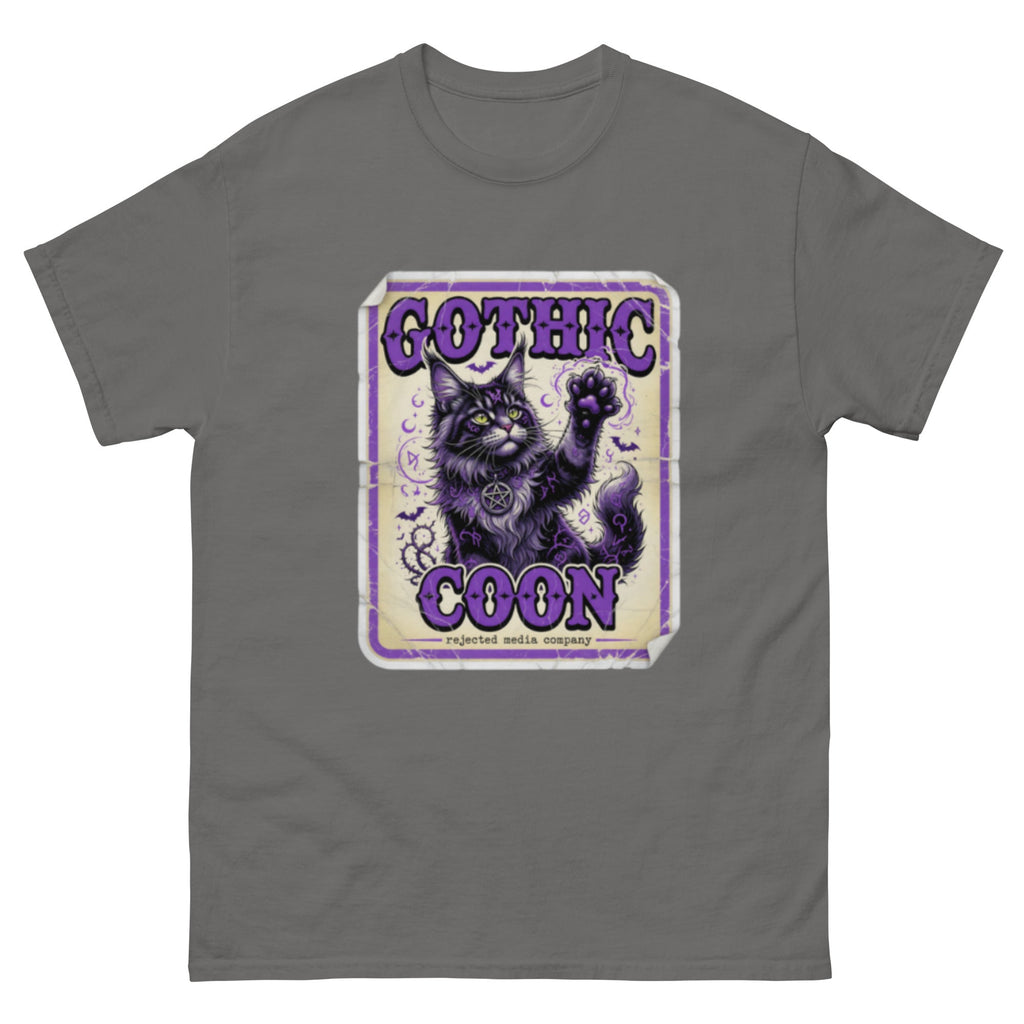 Gothic Coon tee — purple and black Maine Coon cat with a pentacle collar and one paw raised, vintage poster frame