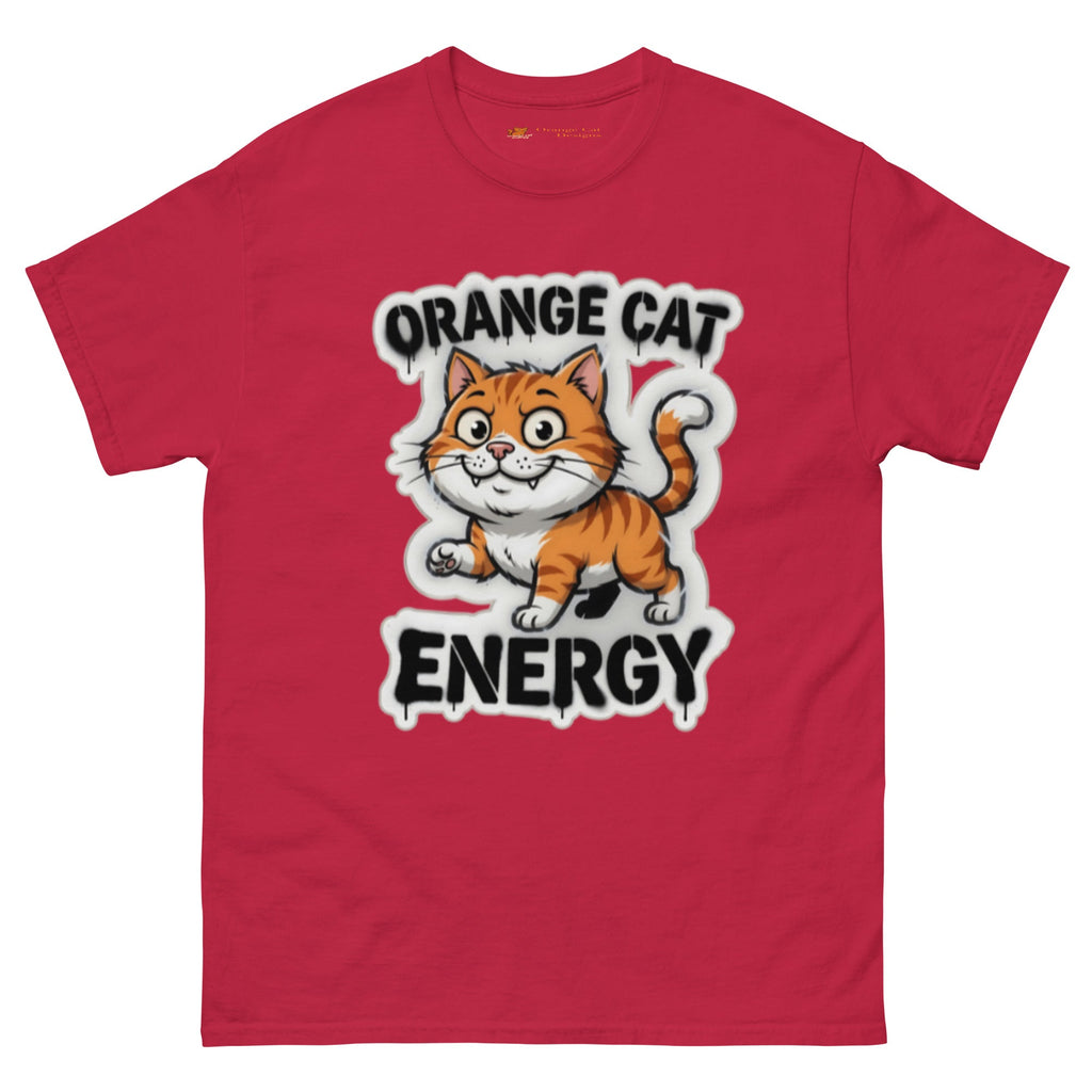 Orange Cat Energy tee — wide-eyed orange tabby mid-launch under drippy graffiti lettering