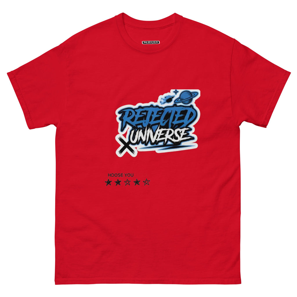 Rejected Universe logo tee in blue — graffiti tag with a planet and trailing stars