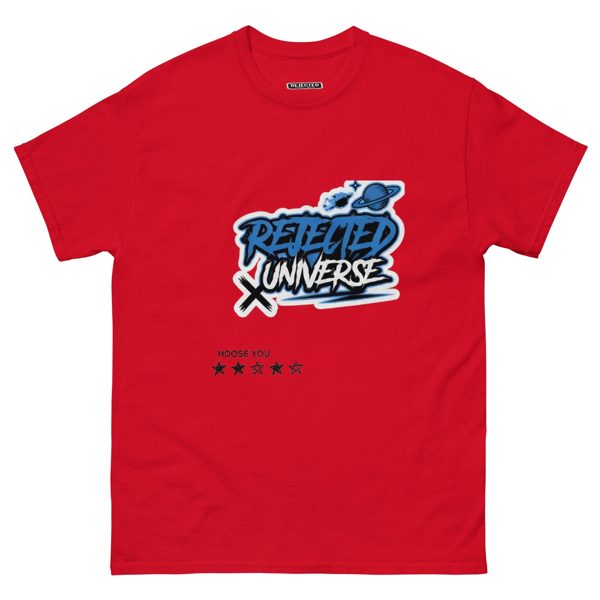 Rejected Universe logo tee in blue — graffiti tag with a planet and trailing stars