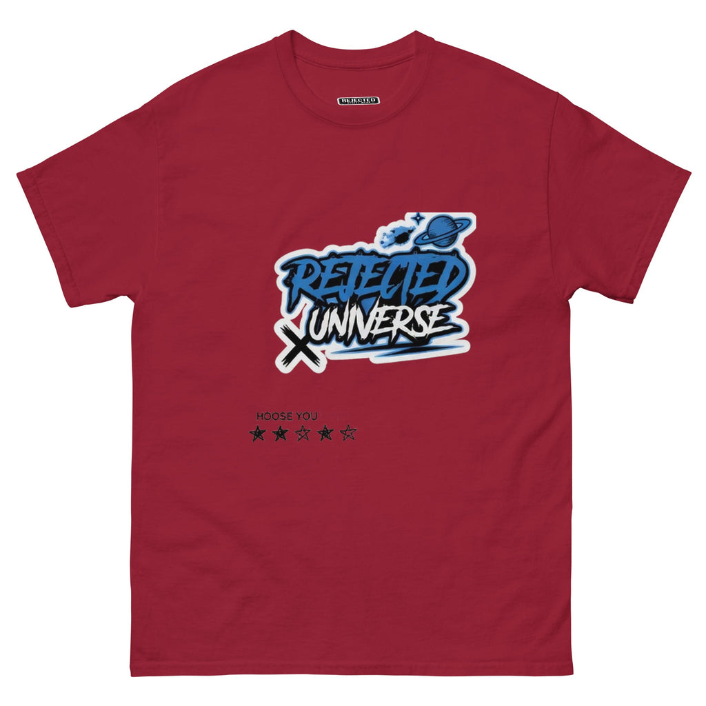 Rejected Universe logo tee in blue — graffiti tag with a planet and trailing stars