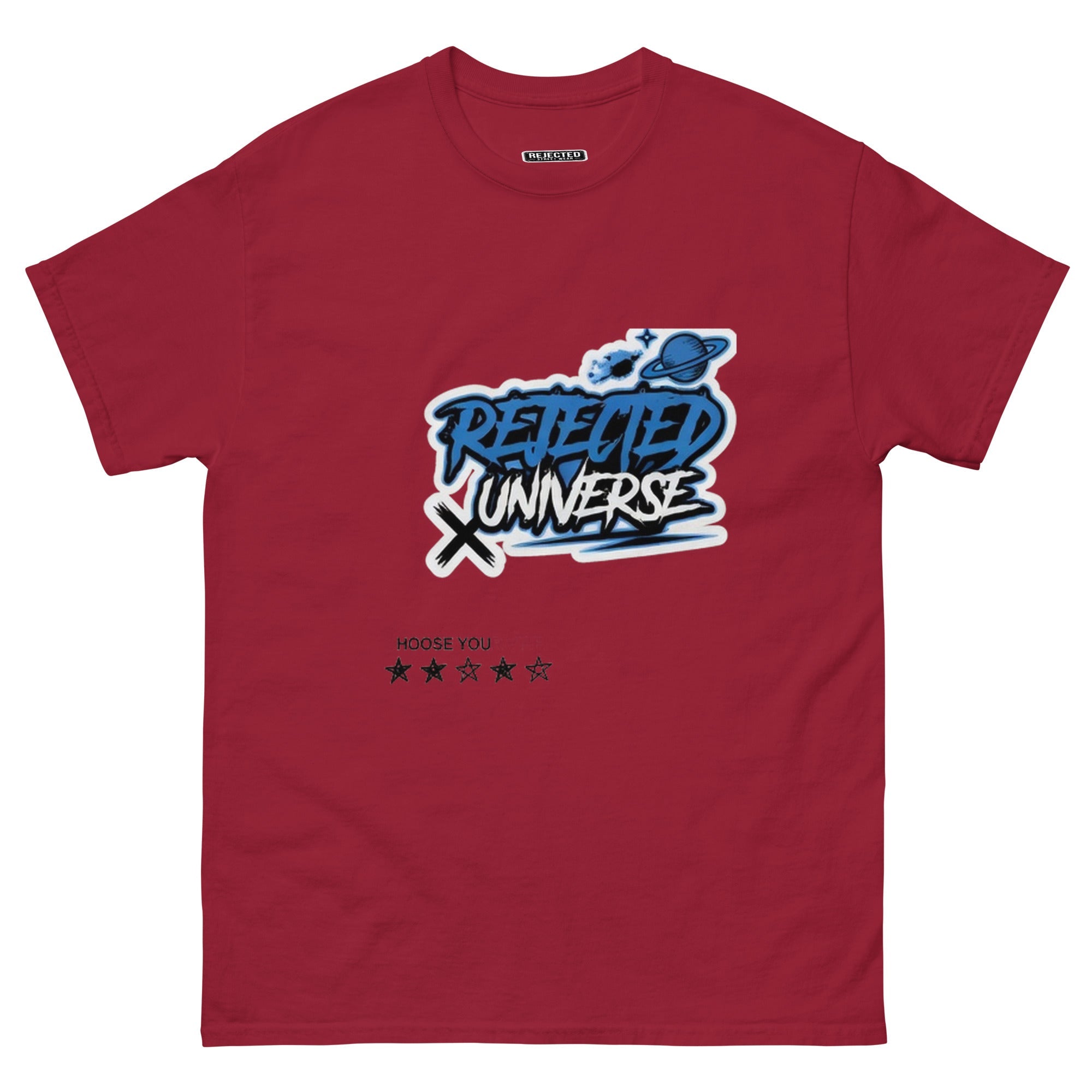 Rejected Universe logo tee in blue — graffiti tag with a planet and trailing stars