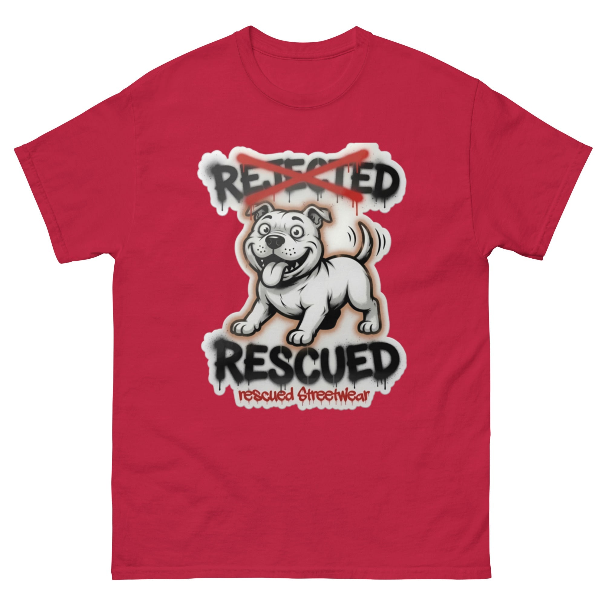 Rescued pit bull tee — white pit bull with REJECTED crossed out in red and RESCUED sprayed underneath