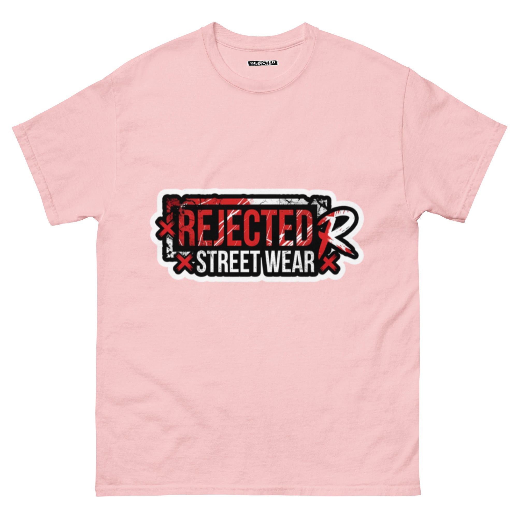 Rejected Street Wear red box logo tee — red-framed REJECTED STREET WEAR stamp with corner x marks and a red slash