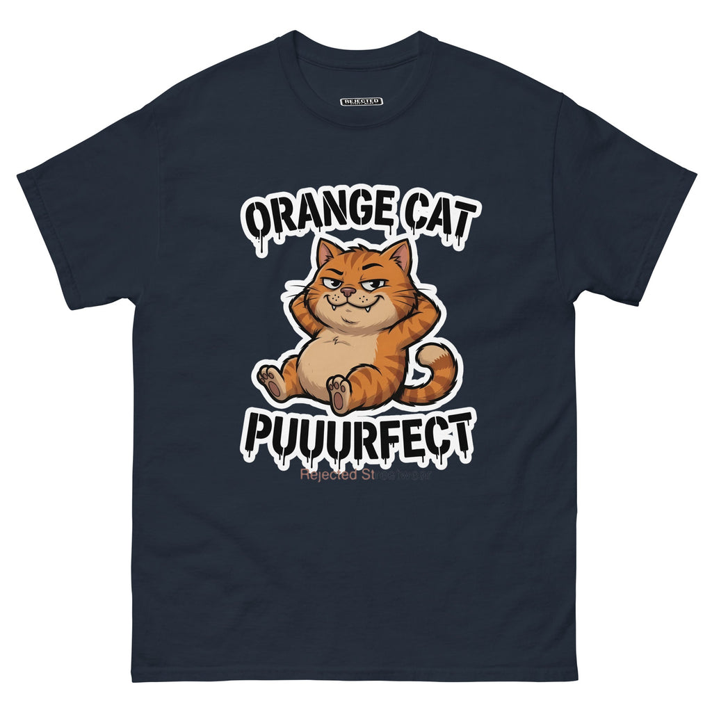 Orange Cat Puuurfect tee — chunky reclined orange tabby under arched drippy graffiti lettering