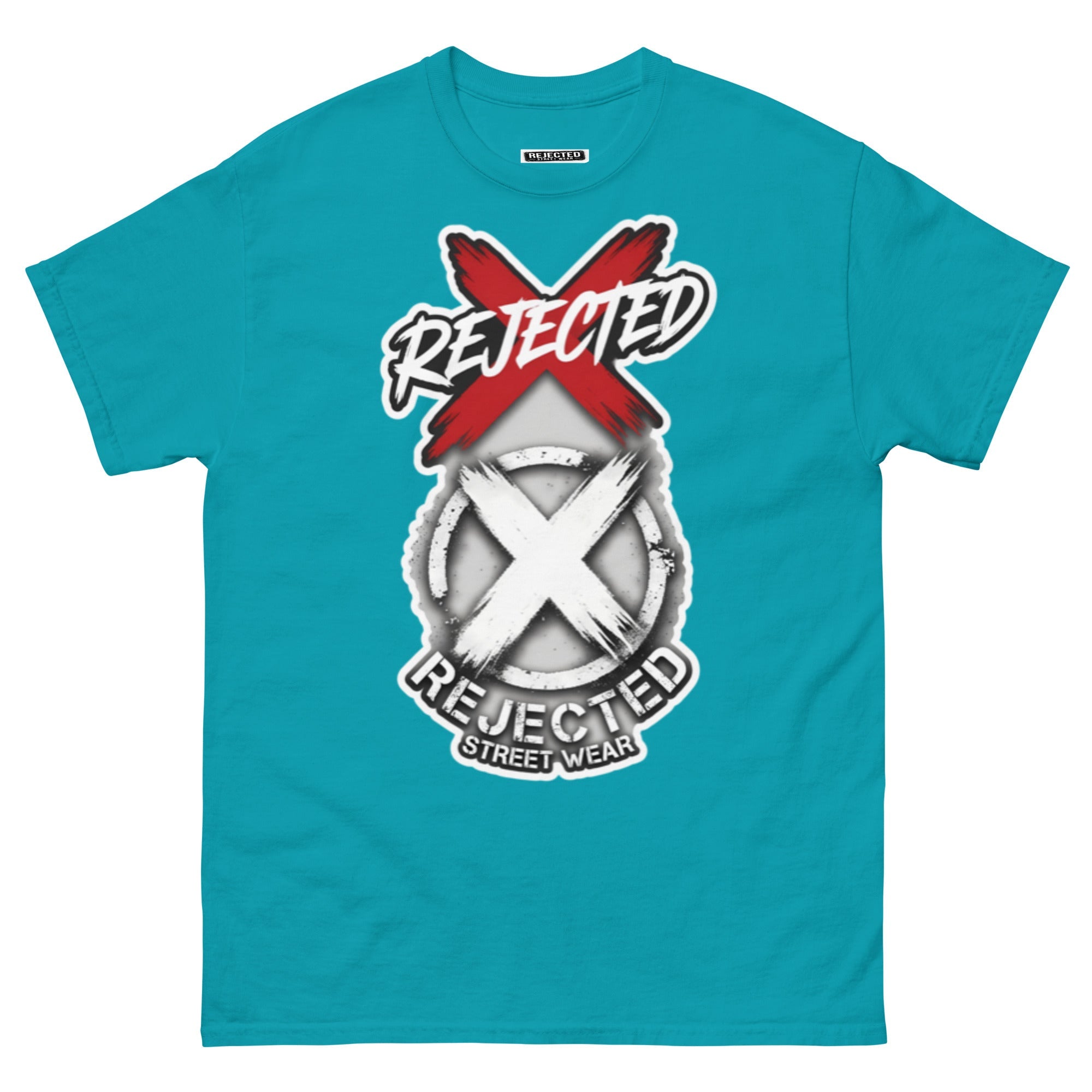 Reject Labels Be Human tee — REJECTED crossed out in red above the X emblem with the word Human underneath