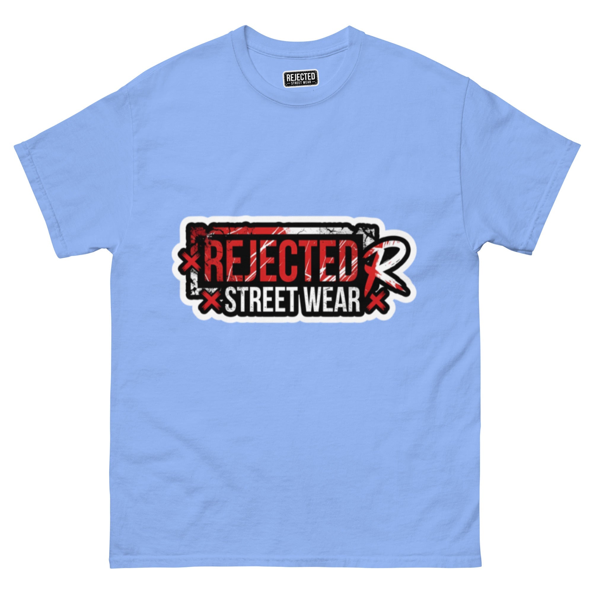 Rejected Street Wear red box logo tee — red-framed REJECTED STREET WEAR stamp with corner x marks and a red slash