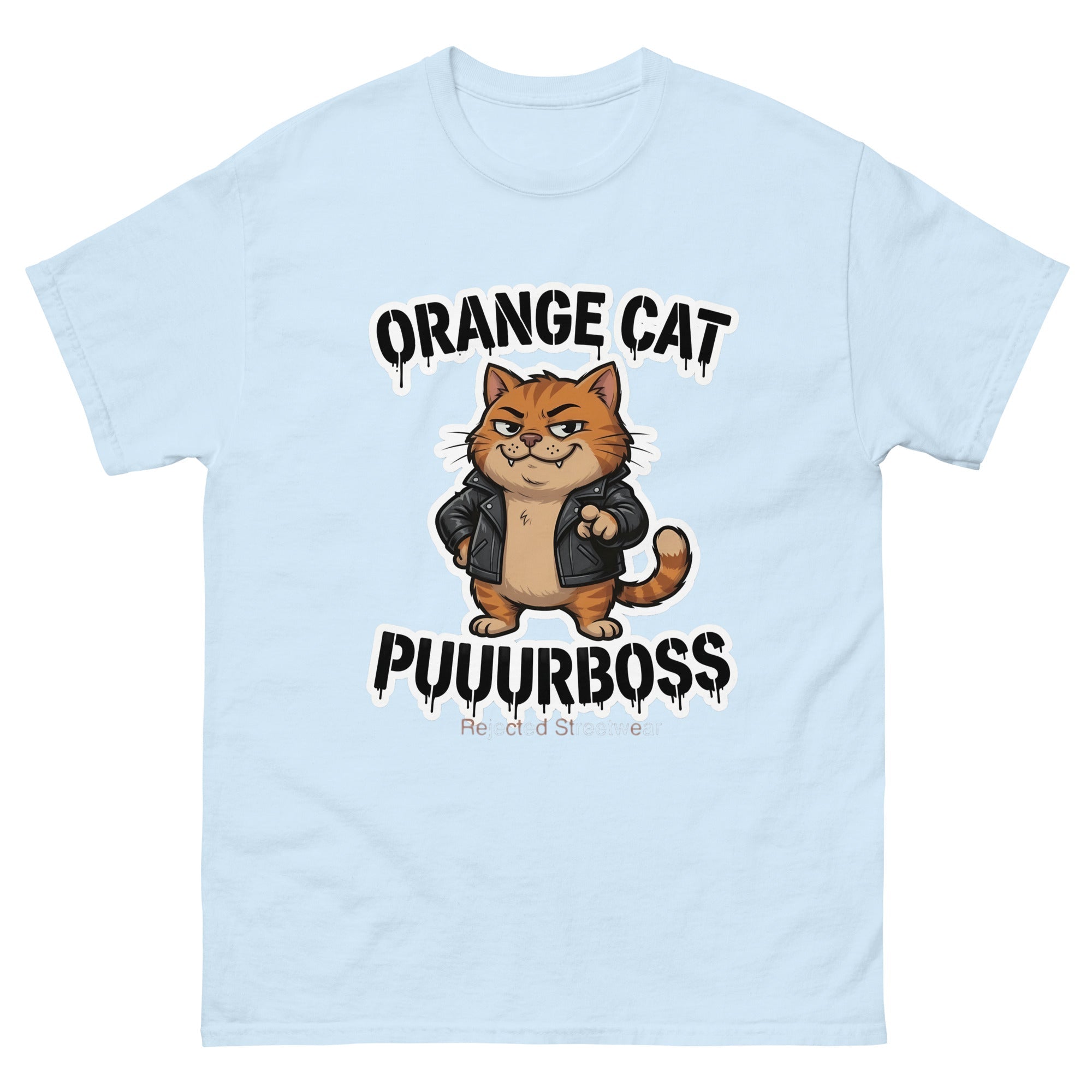 Purrboss orange cat tee — orange tabby in a leather jacket, arms crossed, under arched graffiti lettering