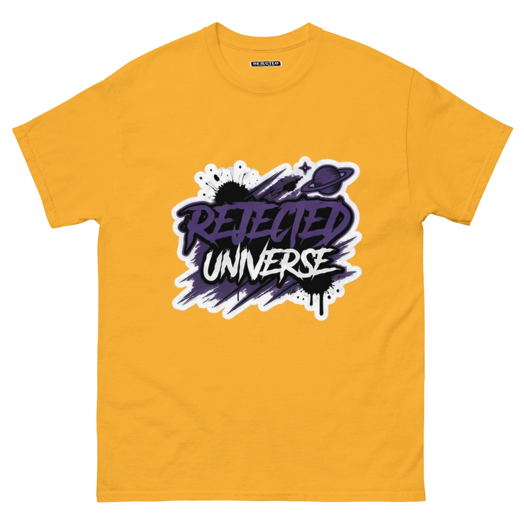 Rejected Universe logo tee in purple — leaning graffiti tag with an orbiting planet and spray splatter